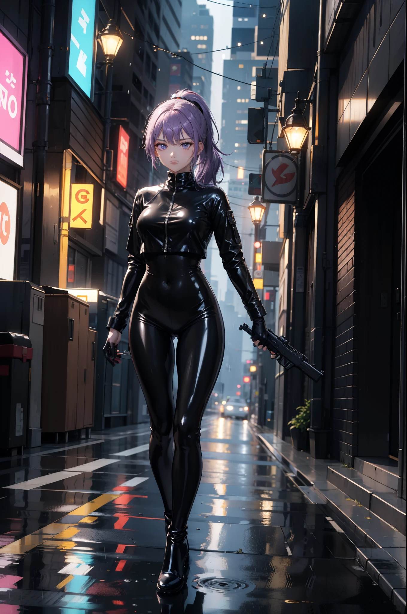 (Masterpiece, best quality, Detailed), a chic, Alone, walking, (Holds a gun with his hand), ojos Detaileds, purple eyes shirt, Lavender hair short ponytail, Love, Medium breasts, ((black latex bodysuit)), (black gloves, ((shiny black leggings)), black boots, al aire libre, city, cyberpunk, (rain),  night, city lights, Neon lights, dark alley