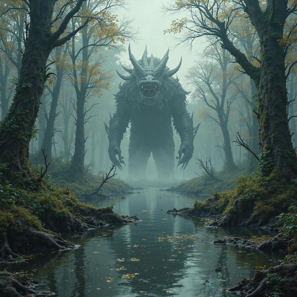 A photo of a (colossal swamp beast:1.3), towering over a (lone wanderer:1.1), vibrant green moss on scales, (glowing eyes:1.2), misty marshland, (jagged mountain backdrop:1.1), ethereal light shafts, serene water stream, (ancient trees:1.1), tranquil yet foreboding, Sony A1, 1/800s, f/5.6, ISO 320, epic scale, high dynamic range, immersive environment, RAW photography, professional grade,
