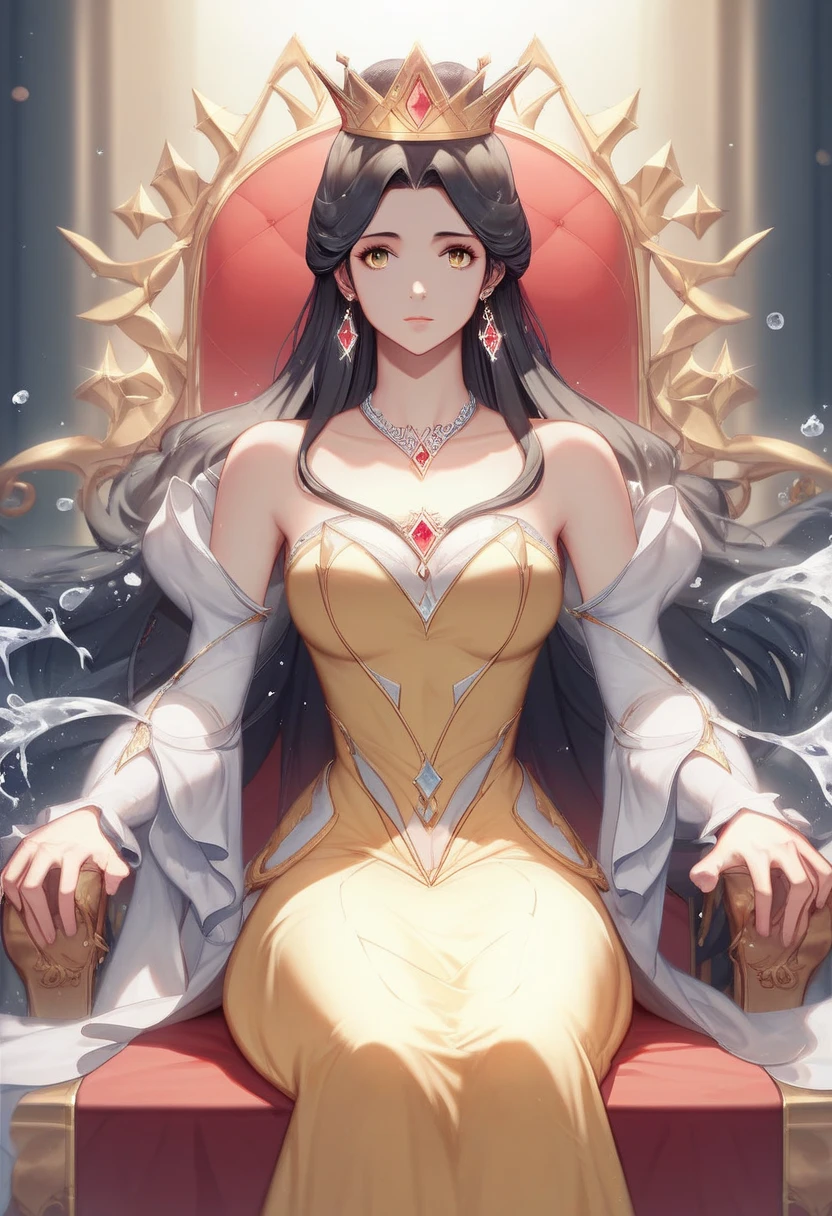 (A princess sitting regally on a majestic golden throne), with flowing long black hair, adorned in an elegant white western fantasy medieval gown, exuding an air of dominance.