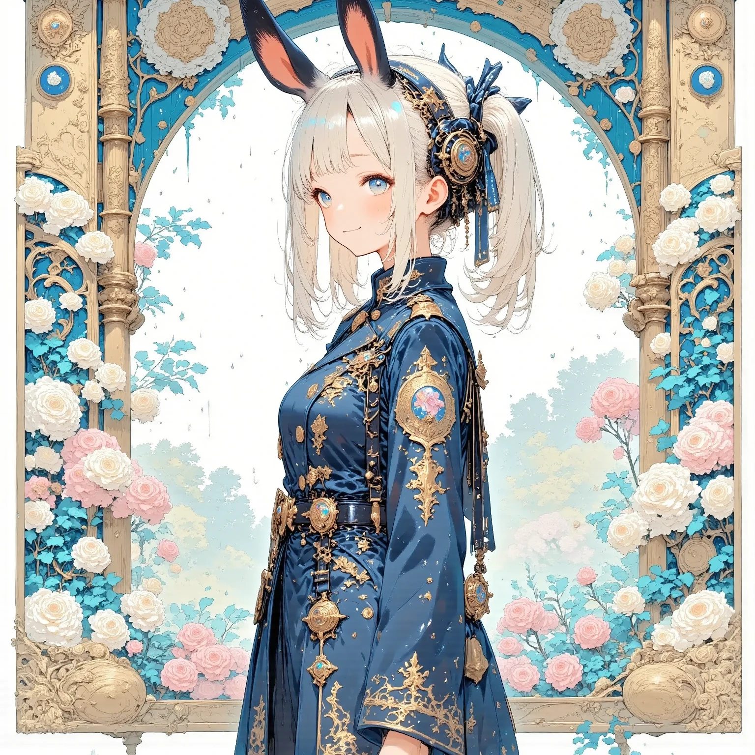white wall, by bangs, cropped shoulder, bell, black gloves, black tights, blush, chest, china knot, sleeve, east asian architecture, flower knot, mitt, cow horn, white long hair, looking at the viewer, medium breasts, Neckbells, night, exterior, lace pantyhose, purple eyes, temple, alone, nipple tassel, 白いsleeve,8K quality