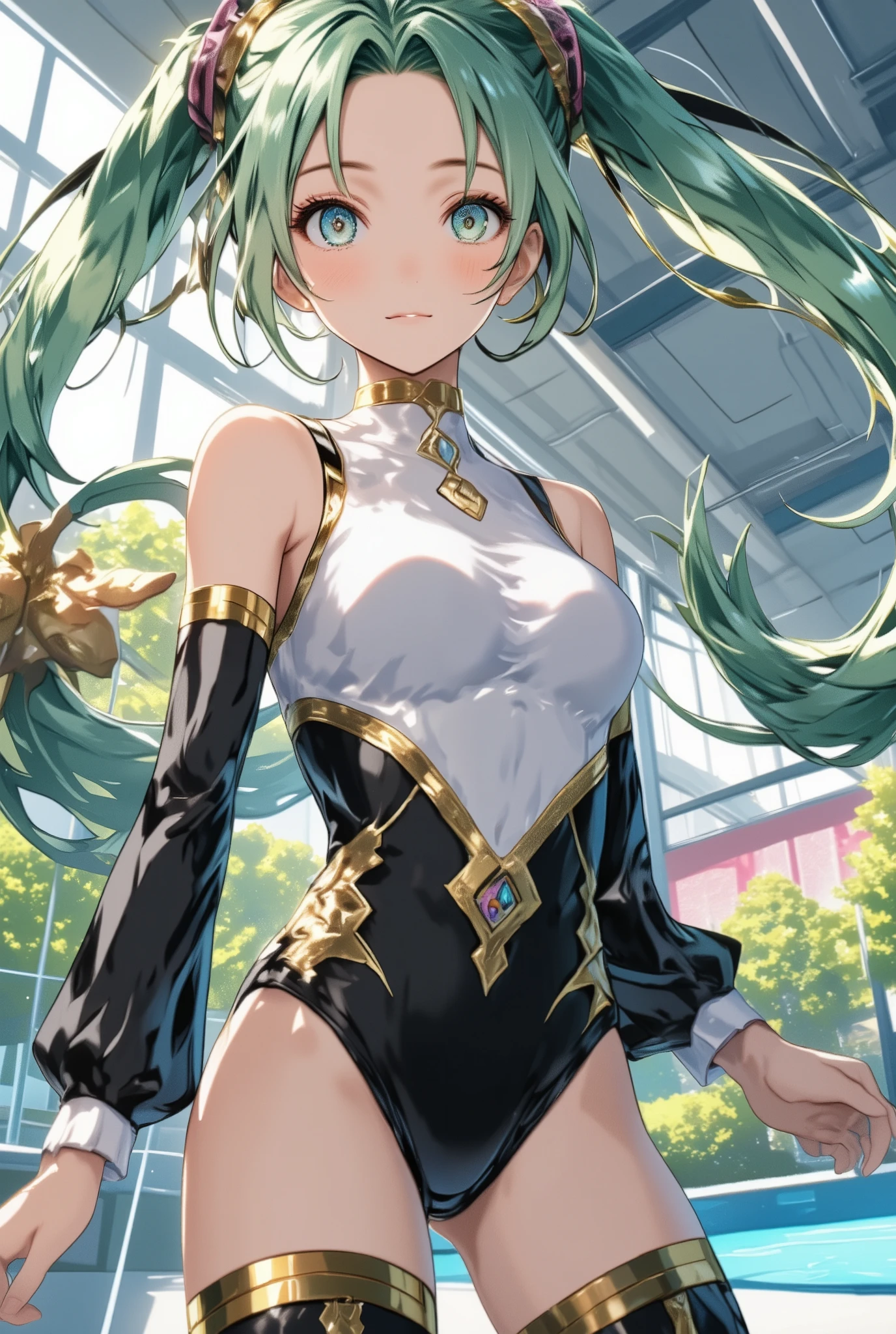 A Boku no hero style girl. She has short green and blue hair, She has one green eye and one blue eye that reminds her of nature and the sea. She has a smile and has freckles on her white skin. .
Her hero costume is a long-sleeved bodysuit with white tights and a black leg warmer., on my wrist I wore a golden skeleton bracelet, and on top a Haori with a white side with drawings of black crows and the other black side with drawings of white crows