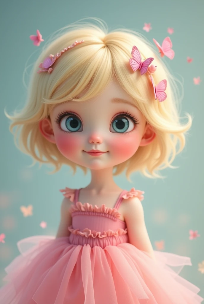 2 yeard old, blonde long curly hair, gray eyes, blushed cheeks with a ladybug hair pin.