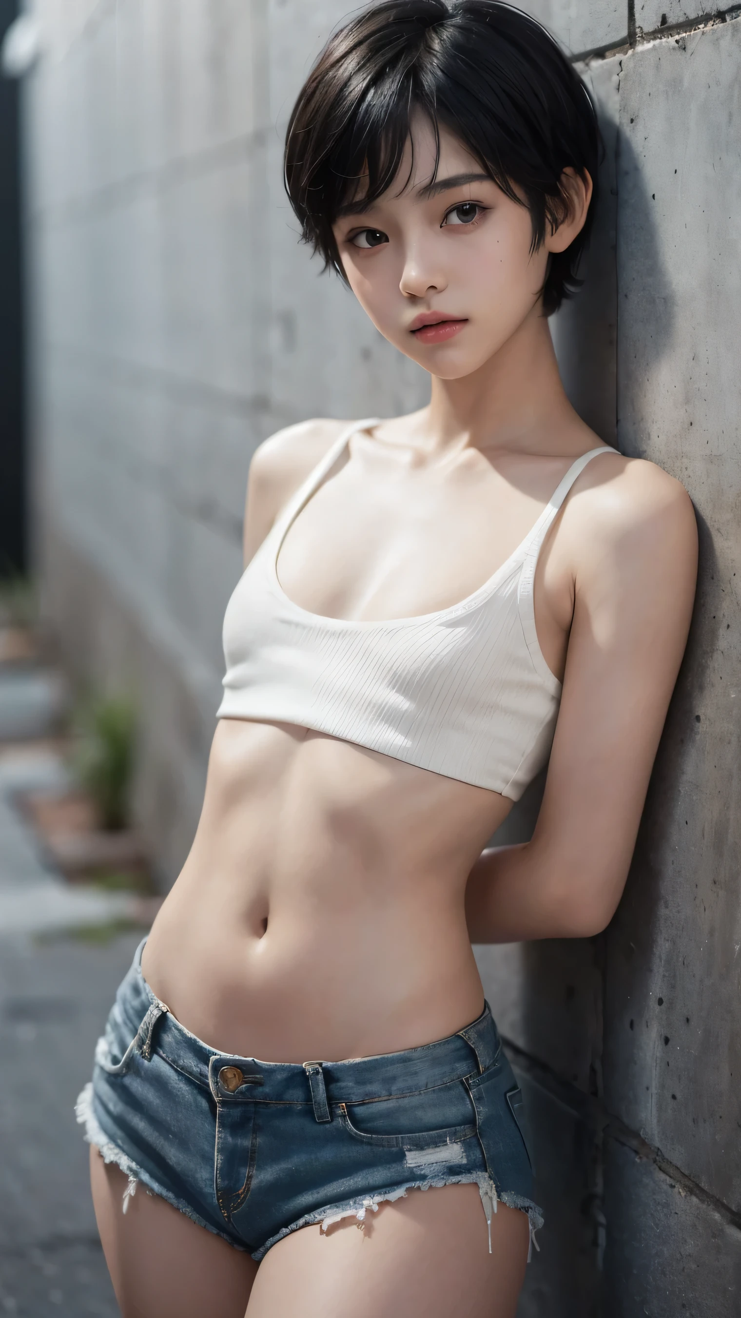 (masterpiece), best quality, highres, ultra-detailed, 1girl, 25 yo,Japanese,((Slender body:1.2)), ((small breasts:1.7)), large hip,beautiful legs,street, wall, graffiti, mural, red hoodie, open clothes, open hoodie, ((Black hair, short messy flipped hair:1.1)), (navy binding shorts:1.2), no bra,covered nipples,(tanlines),red dolphin shorts, black sneakers, standing, leaning back, against wall, looking at viewer, annoyed, parted lips, cowboy shot, (dynamic camera:1.2),cinematic angle, (cinematic_light, cinematic_shadows, bokeh, depth of field:1.2),(wet skin:1.2),Square Black cell frame glasses, SLPP, shirt lift, pants pull,((no panty,visible pussy,shaved pussy,pubic hair,camel toe)),shy smile,Flushing,