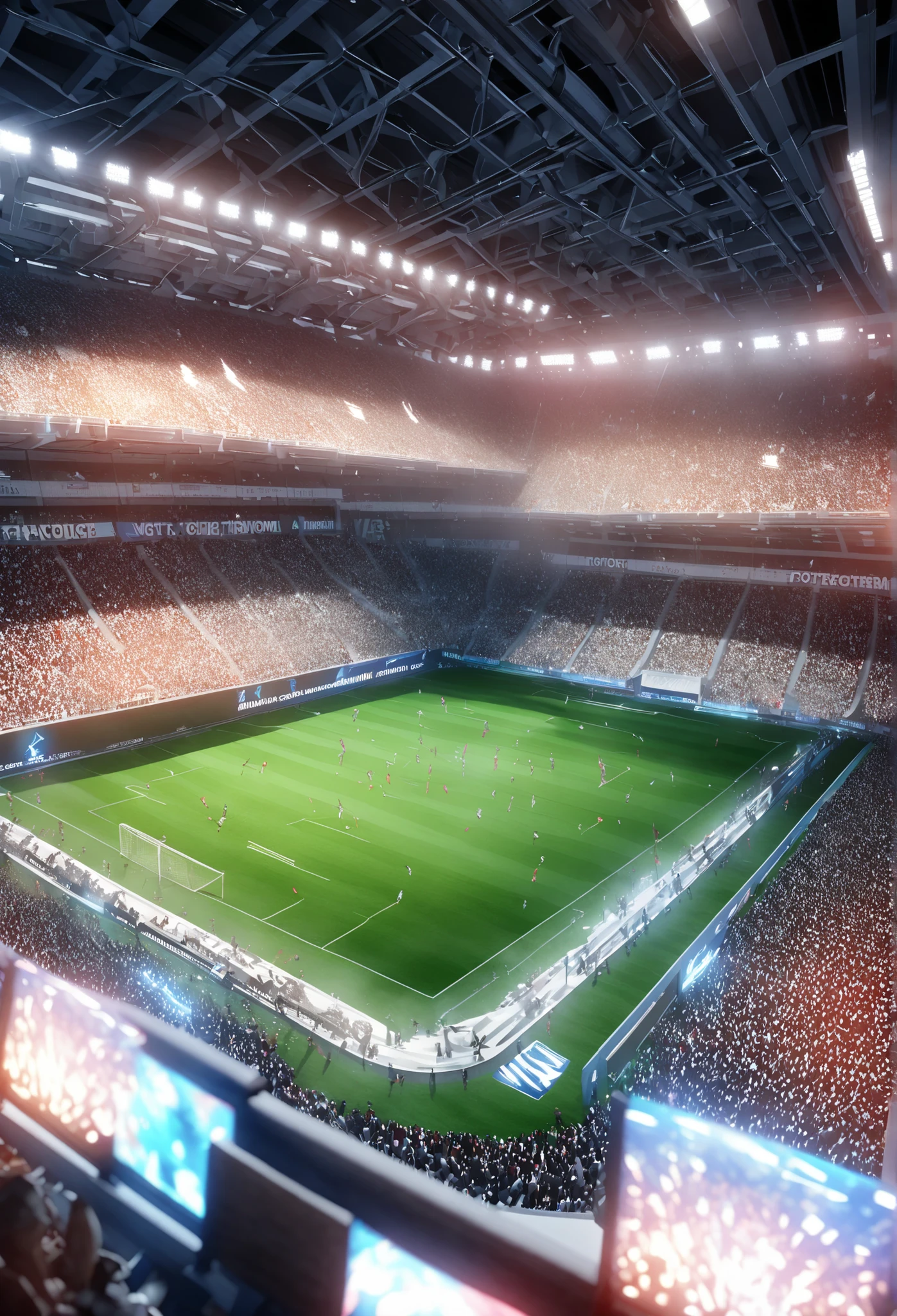 a lively football match in a packed stadium. Capture the energy and excitement of the game. 3d animated illustration