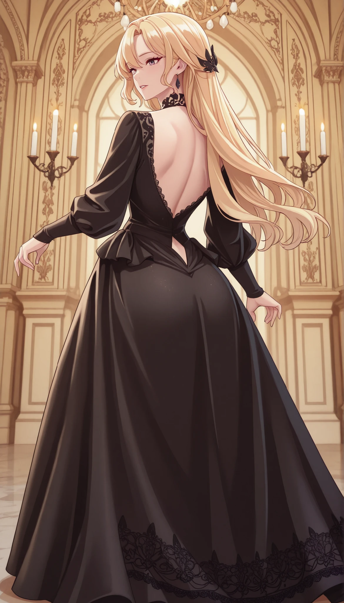 "A noblewoman from pre-revolutionary France, dressed in an opulent 18th-century gown with intricate lace and embroidery. Her golden blonde hair cascades down her back in elegant waves. She stands at a grand banquet, extending her hand gracefully in response to a dance invitation. The scene is captured from the perspective of the one inviting her, emphasizing her poised expression and delicate gestures. The background features candlelit chandeliers, gilded walls, and lavish decorations, evoking the grandeur of the era. Cinematic lighting, soft glow, and a sense of romantic anticipation."