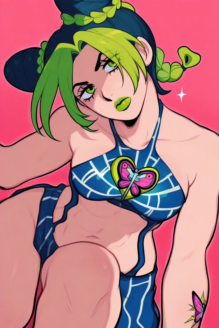 Really embarrassed tomboy girl, with short gray curly hair and green glasses, in pink sexy underwear ,trying to cover herself