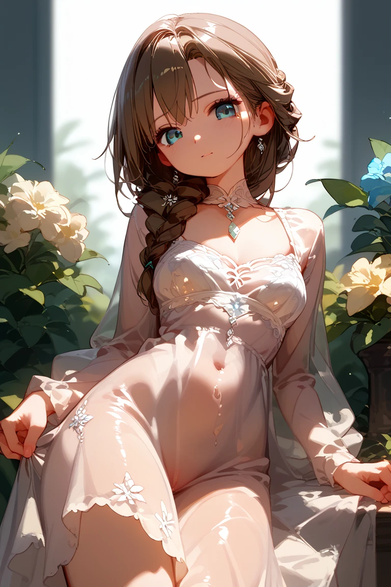 masterpiece, best quality, highres, 1girl, see-through, chiffon, hair ornament, dress, looking at viewer, panties, underwear, flower, meadow, sitting, starry sky, <lora:New private ancient Hanfu (91):0.8>