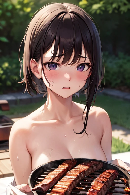 (((NSFW))), ((best quality)), ((masterpiece)), ((detailed)), (((perfect face))), (((slender 18yo teenage girl))), ((((medium breasts)))), ((((topless)))), ((((white panties)))), ((dark brown hair)), ((short ponytail)), (((blue eyes))), ((shy:1.3)), ((blushing:1.5)), (((bare chest))), ((bare stomach)), ((bare shoulders)), (((bare arms))), ((((garden, surrounded by trees)))), (((standing))), (((shy arms))), (((looking at viewer))), (((view from above))), ((((detailed background)))), (((open mouth)))