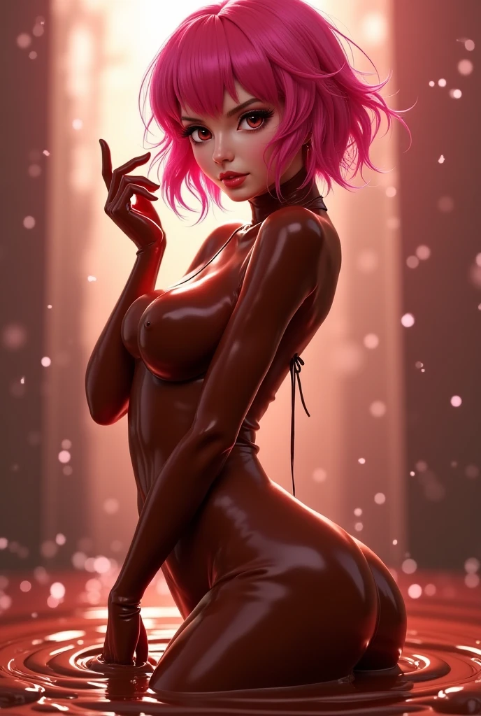 Succubus Child, short pink hair, and black clothes, using a pink smoke magic coming out of a ring she wears