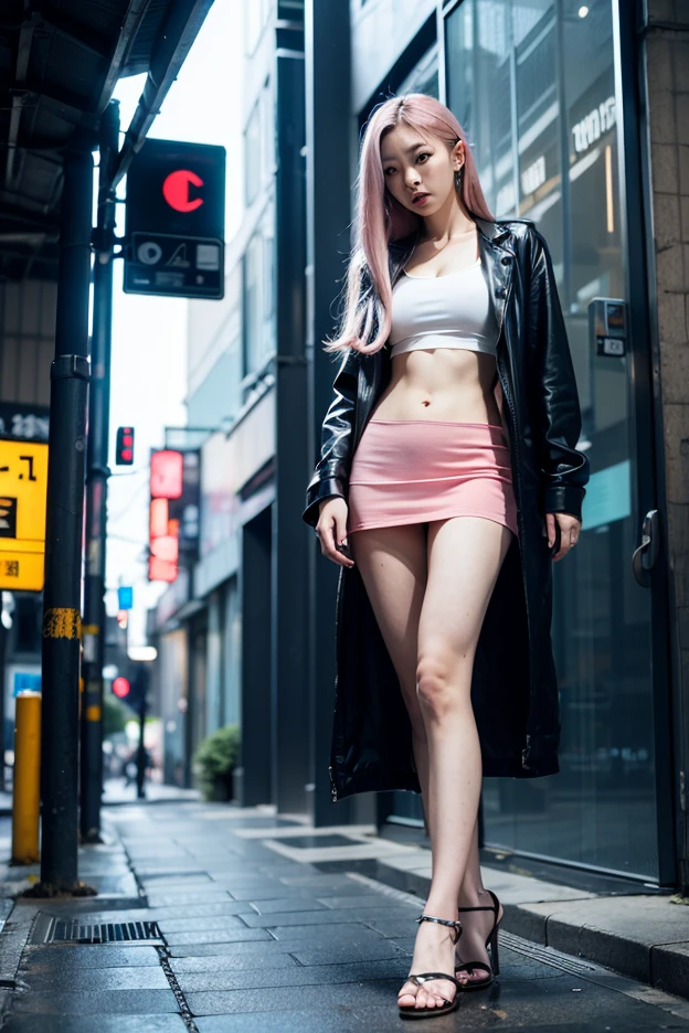 Highest quality, masterpiece, detailed, Well-organized composition,Ahegao,Sophisticated pale nipples,Heart-shaped pubic hair,Full body tattoos,Cat ear,tail,Leopard print sneakers,Black latex long coat,Fishnet tights,Wet white skin,Dripping Sweat,Surreal,Golden and pink hair,In a crowded shopping mall,Collar tethered to a leash,Very thin,Crowd,be surrounded by a large number of people,Squatting and doing the splits,Hands behind back,Completely naked