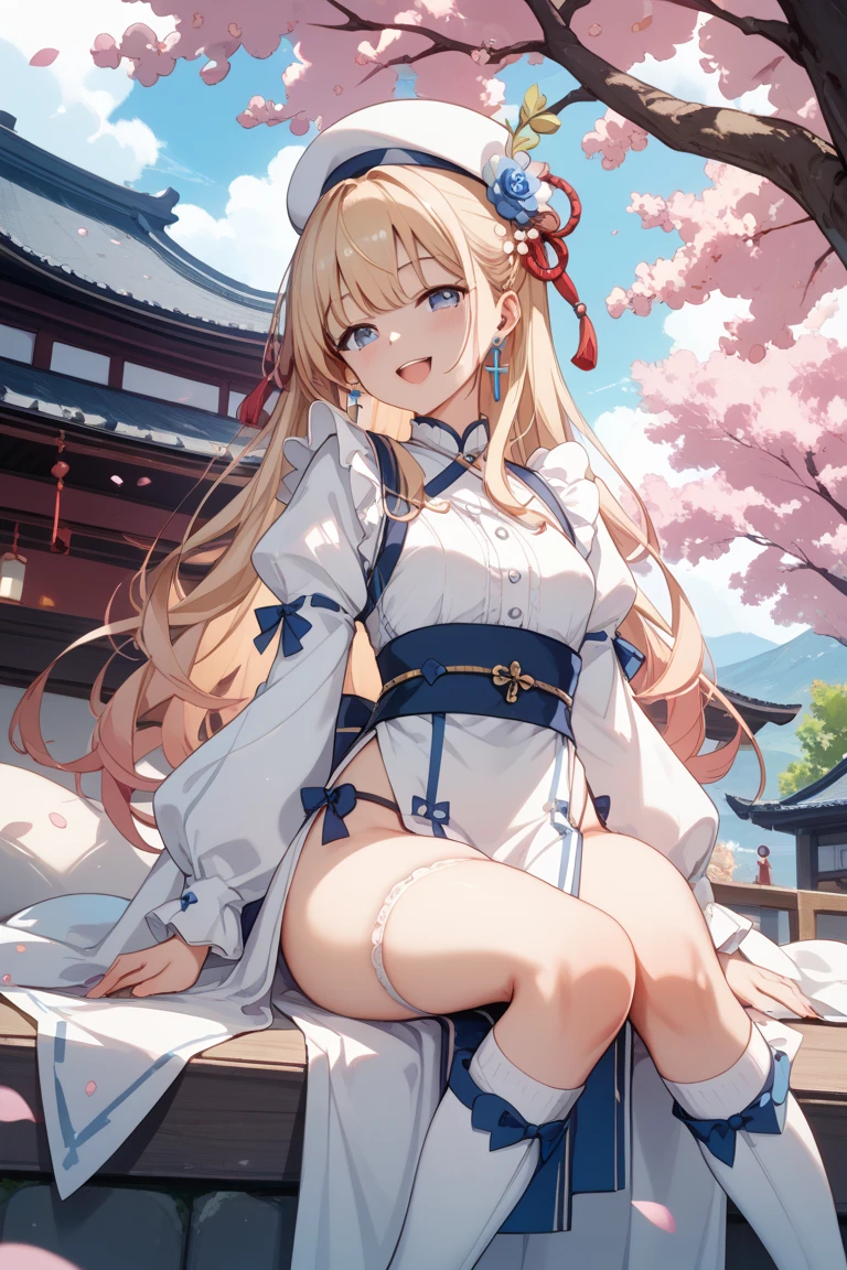 top quality,best resolution,(Soaked的白色长旗袍),super detailed, She has a white twin tail,20 years old young girl,Gorgeous的雕纹,Design intricate clothes,blue eyes,she has earrings, wealth,Gorgeous, Chinese headdress,Elegant and charming,Slightly curvy figure,((White transparent white garter stockings)),((Soaked,Adjacent to ancient Chinese hot springs,Foggy weather,Fantasy magic)),night,Glamorous pose,