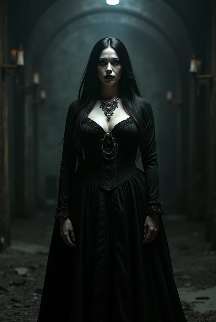 She is dressed in a striking all-black ensemble, wearing a long, flowing cloak or coat. Adorned with black roses, she symbolizes mourning and sorrow. Her piercing gaze holds a haunting intensity, reflecting the weight of her past. With a stone-cold expression and distinct facial features, she commands attention. Radiating an aura of power and control, she exudes confidence and fearlessness. She wields a giant Zelda sword, ready to conquer challenges. Surrounded by darkness and shadows, she embraces inner turmoil. The backdrop for this villain could be a dimly lit, Gothic-inspired setting with tall pillars, a desolate cemetery, and flickering candlelight, creating an eerie atmosphere.