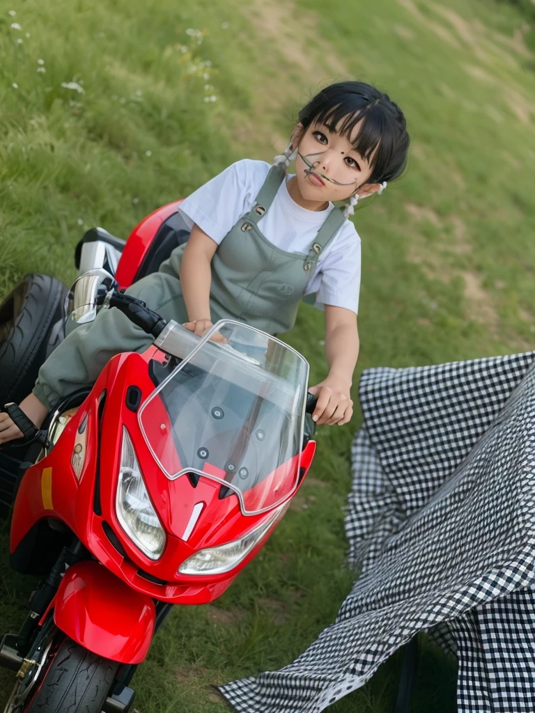 A young boy with,Riding a self-car,Wear a down jacket,With a cap,Smile happily,Plaza,crowd of,supermarket,road,green trees