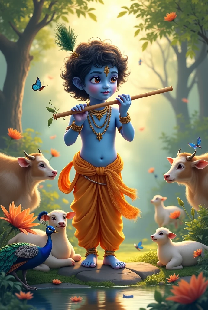 Beautiful kids lord krishna peacock pakhi in his head eating butter sitting on ground in outside of his home in mathura and calf are seen near him.ma Yasuda smiling and working her daily work