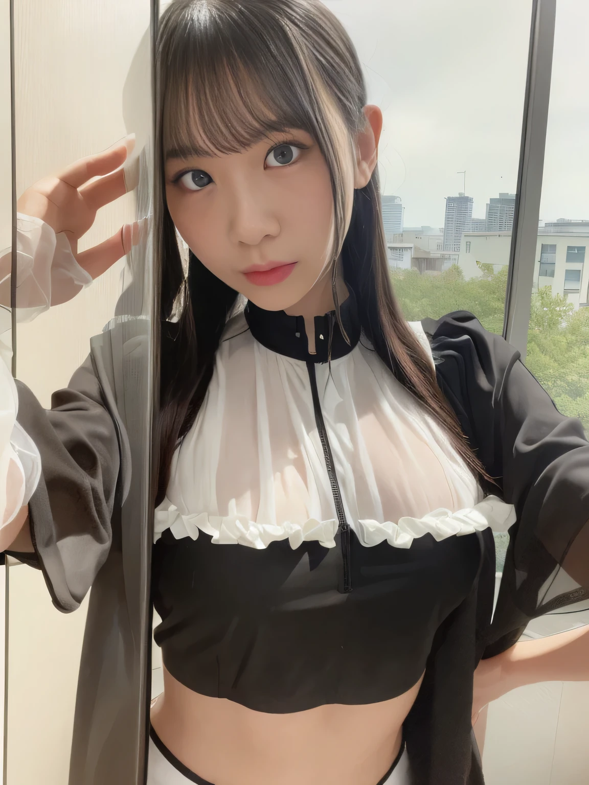 (((部屋にはソファーandテーブルがあり、There is also a window , clear glass stuck on面, 鏡andガラス面, Glass Floor, clear glass wall, glass openings , was placed in the large living room, clear glass , nesting glass door, glass wall, clear glass stuck on, Aerial View, placed in the living room, Glass Room, living room with split levels)))、(((best image quality、highest resolution、greatest masterpiece、8k)))、(((Detailed Faces)))(((cute face)))(((Baby Face)))(((Young contour)))((( Lovely facial features)))、((( Blizzard 10 )))(((model body type)))((( Perfect pose line)))、(((Big Breasts 1.0)))((( Detailed Body .5)))、(((long straight hair)))、(((ブルーサファイアand黒のカラフルなブラウス2.0)))and(((ラピスラズリand黒の frillミニスカートを着た2.0)))、 Lancelucent body, wearing translucent sheet, frill, shikamimi, multi-layered outfits , ( finished product ), Sheer, Taupe, Irregular, can be seen through, Silk clothing, Cropped Wide Sleeves , , Transparent cloth, caramel, ( ivory lapis lazuli), translucent