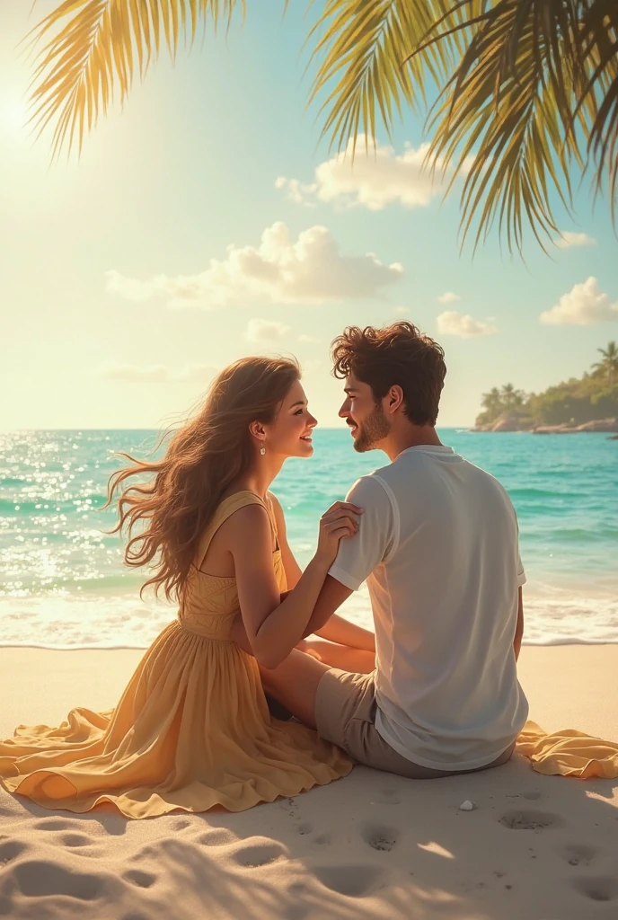 Hallucinating style of a couple so happy each other by the beautiful beach heaven like and laughing together.