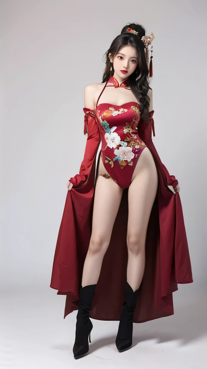 beauty,sexy,cute,Chinese red costume girl(Clothes are full of details),full body,Cultivation style,white studio background