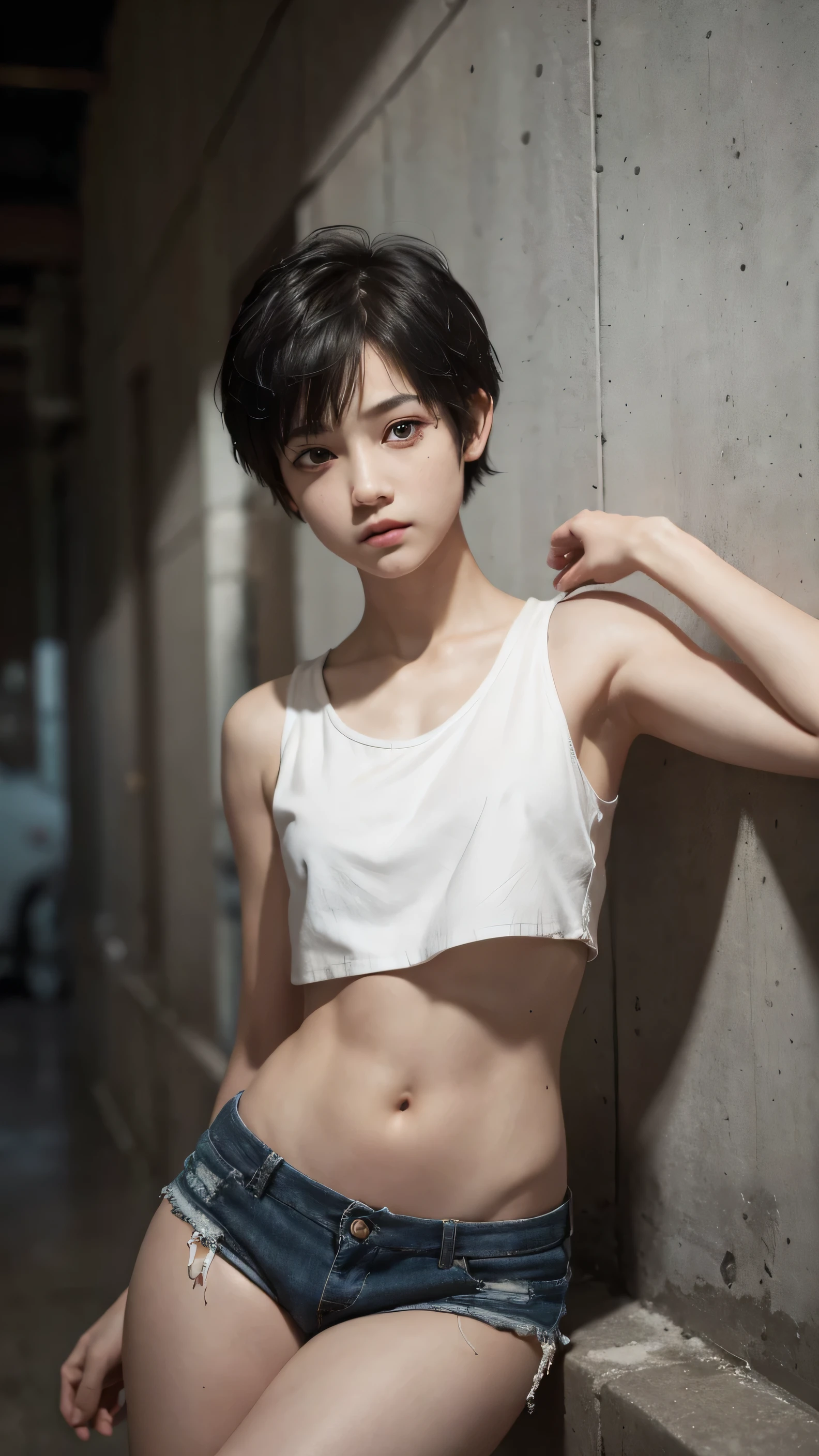 (cute boy), ((very young boy)), (elementary school student), ((about )), (very short hair, pixie cut), black hair, black eyes, expressionless, ((very detailed eyes)), (detailed pupils), flat chest, detailed collarbone, (short stature, ), slim figure, realistic 's body), (belly button), (white sleeveless crop top), (very short shorts), old and dirty concrete wall background, surrealism, (cinema lighting), detailed shading, (bokeh), (detailed face, detailed hair), (very detailed), anatomically correct, accurate, top, 16K, thin clothing, short torso, anatomically correct body balance, wearing slippers,