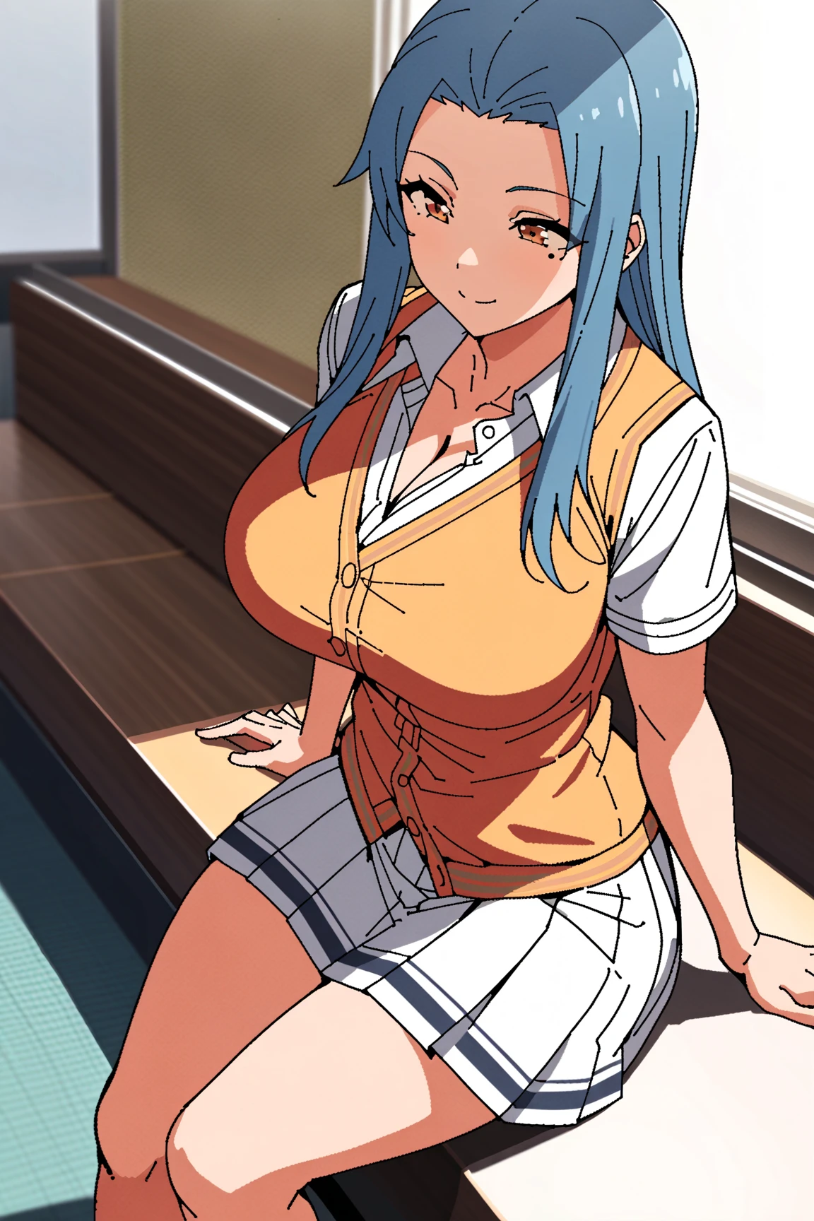 masterpiece, best quality, high quality, highres, high res, absurdres, ultra-detailed, best anatomy, detailed eyes, perfect eyes, Sitting with one hand running through the hair, smile,
vivi_pre, long hair, solo, 1girl, shirt, blue hair, ponytail, (white heeled boots:1.2), boots, shorts, (striped collared shirt:1.2), (white shorts:1.2), (long legs:1.1), <lora:Vivi_PreTimeSkip:0.9>