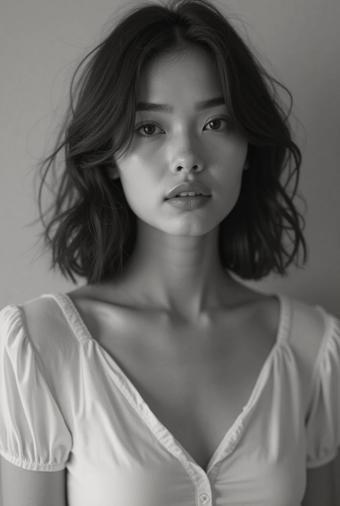 1 woman, alone, monochrome, grayscale, black short hair, portrait, t-shirt, closed mouth, looking at viewer, sketch, graphite \(middle\), small lips, hatching \(group\), Without makeup, upper body, (best illustration), (best quality), (very detailed), (masterpiece), forehead, 20s girl, small eyes, bangs,