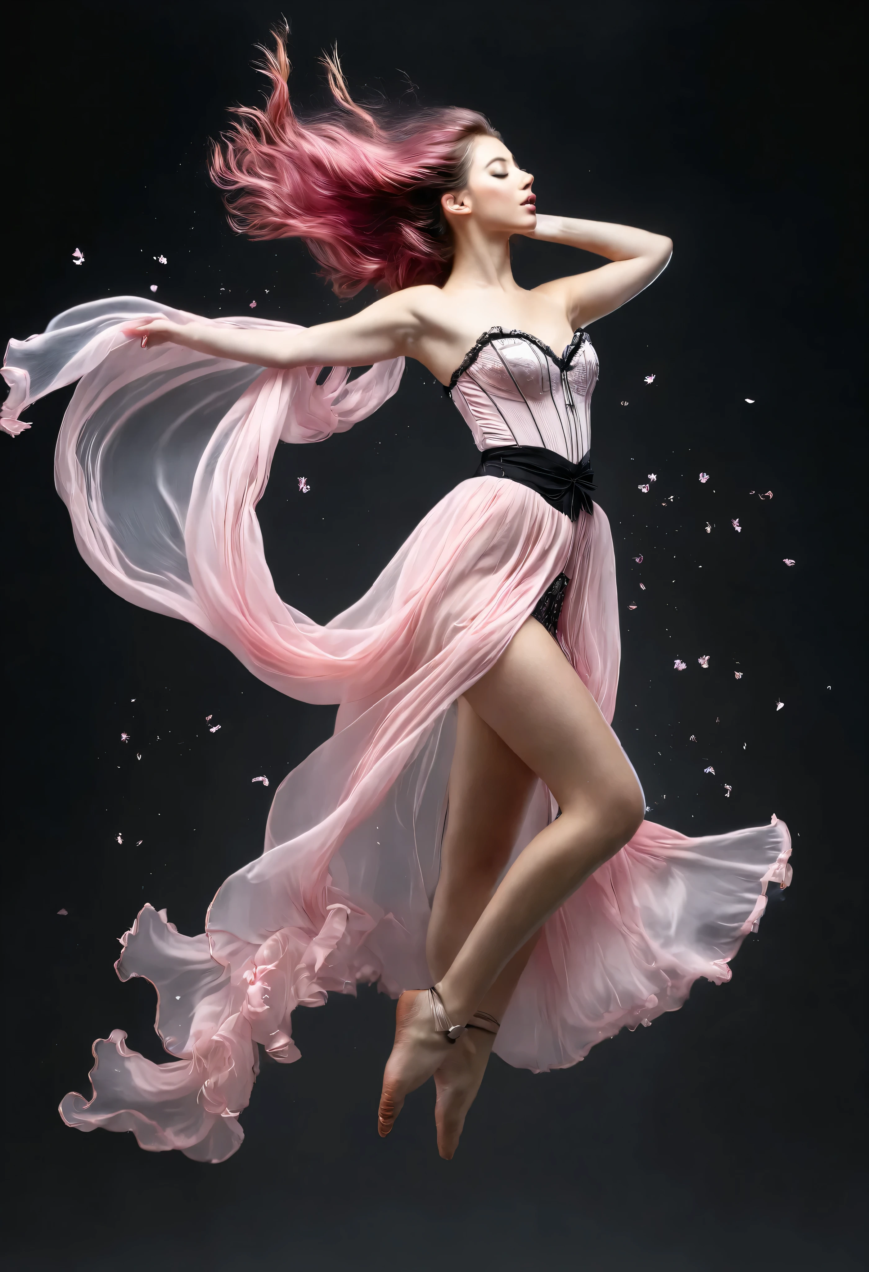 full body In a breathtakingly sharp 8K resolution, capture a stunning white woman suspended in mid-air against a stark, plain black background. Her long, wavy dark pink hair cascades down her back like a waterfall of nightfall hues. She wears a delicate light pink corset and a flowing ribbon dress that drapes elegantly around her form. A halo of light pink ribbons floats serenely around her, as if carried by an invisible breeze. Her hyper-detailed facial features shine with a gentle glow: rose-kissed cheeks, a nose, and luscious pink pouty lips that seem to whisper secrets to the universe. bare feet, which appear to defy gravity as she floats effortlessly in mid-air. full body. eyes. open