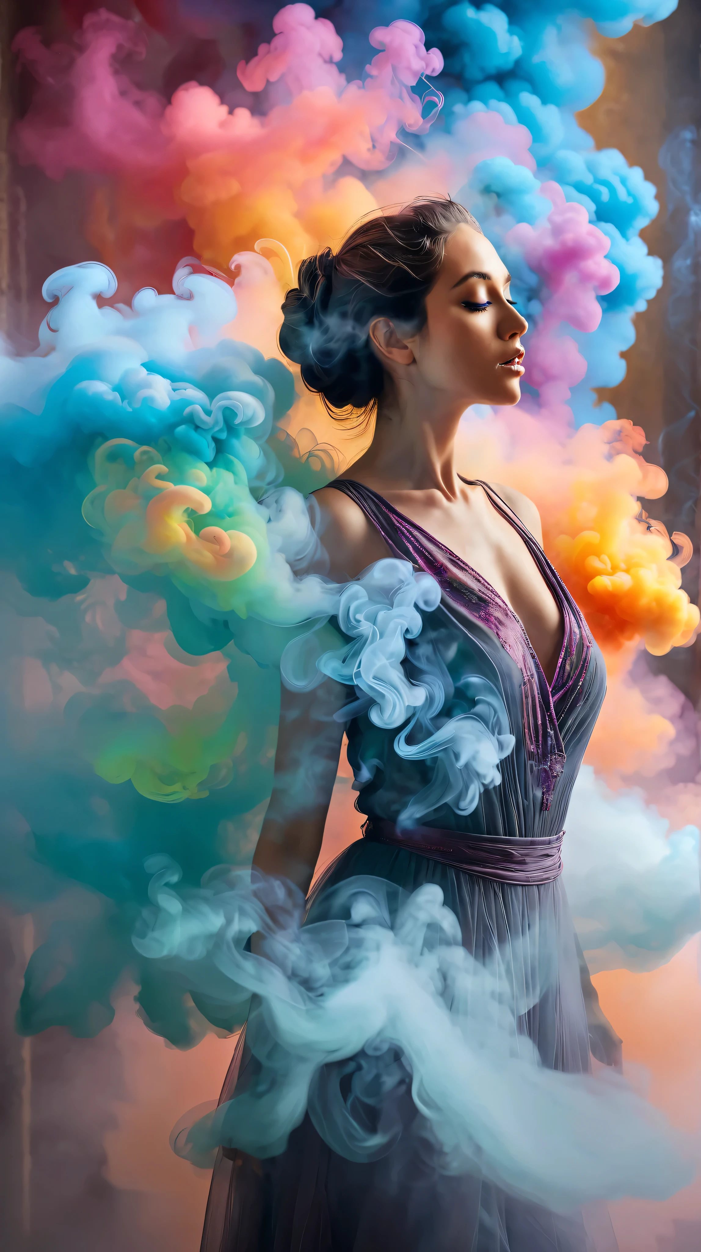 woman is breathing out with her breath a cloud of multicolored smoke 