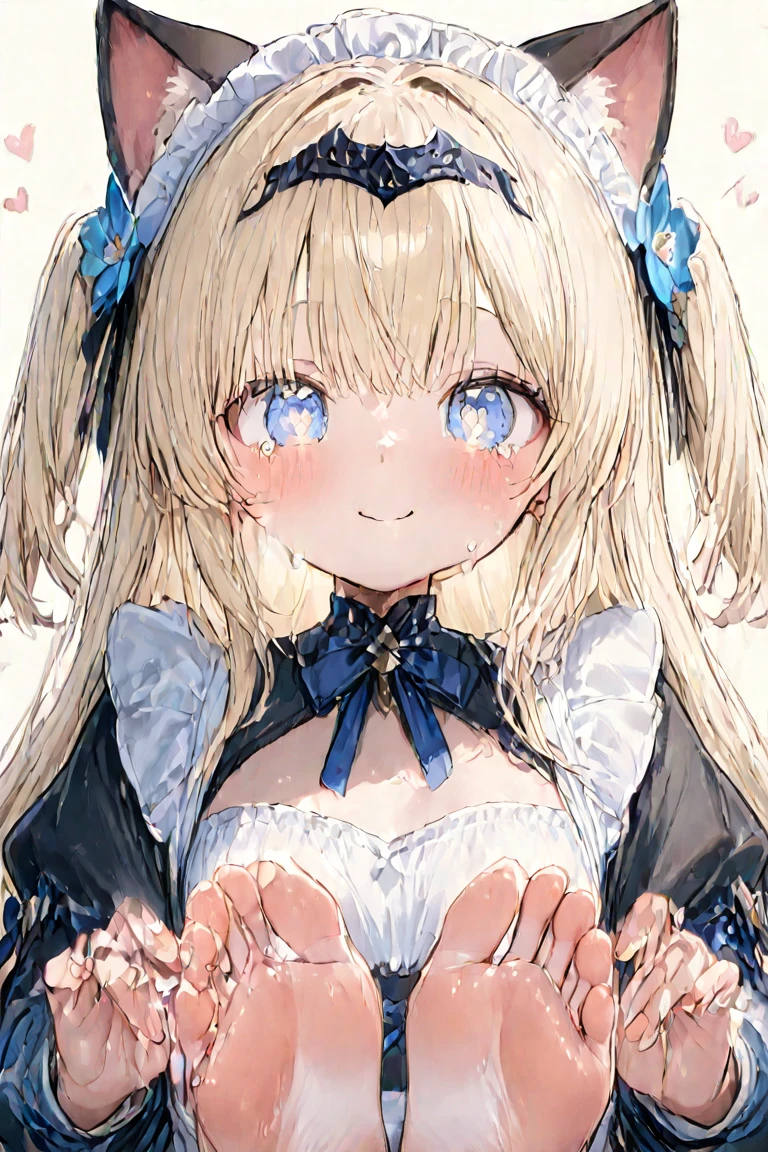 Highest quality,smile,girl,cute,Twin tails,Blonde,blue eyes,White background,White ruffled blouse,Pleated tight skirt,