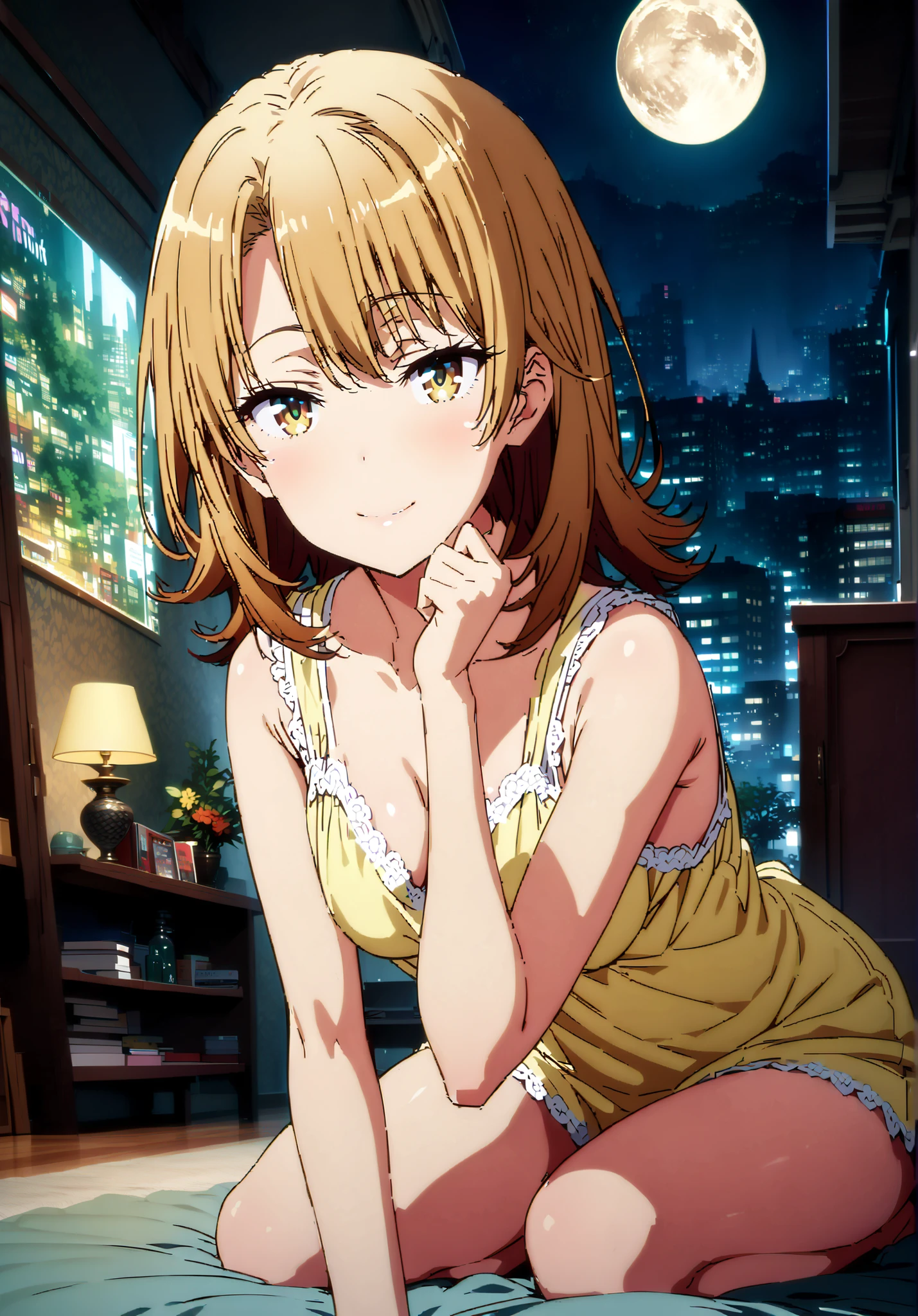 Irohaisshiki, Isshiki Iroha , short hair, BLACK ROCK , brown eyes,narrow your eyes,Medium breast,smile,cover,yellow sheer transparent nightgown that closes the mouth, sleeveless,yellow string bun , Bare legs,sitting on the bed,Glowing Skin,,decor,moon, mystical , beautiful night view with depth, Beautiful Streetscapes, Beautiful Streetscapes,全身がillustrationsに入るように,Destroying Indoors, bed room,
壊す looking at viewer,full body
Break (masterpiece:1.2), Best Quality, high resolution, Unity 8K Wallpaper , (illustrations:0.8), (beautiful and detailed eyes:1.6), Highly detailed faces, perfect lighting, highly detailed CG, (perfect hand, Perfect Anatomy),