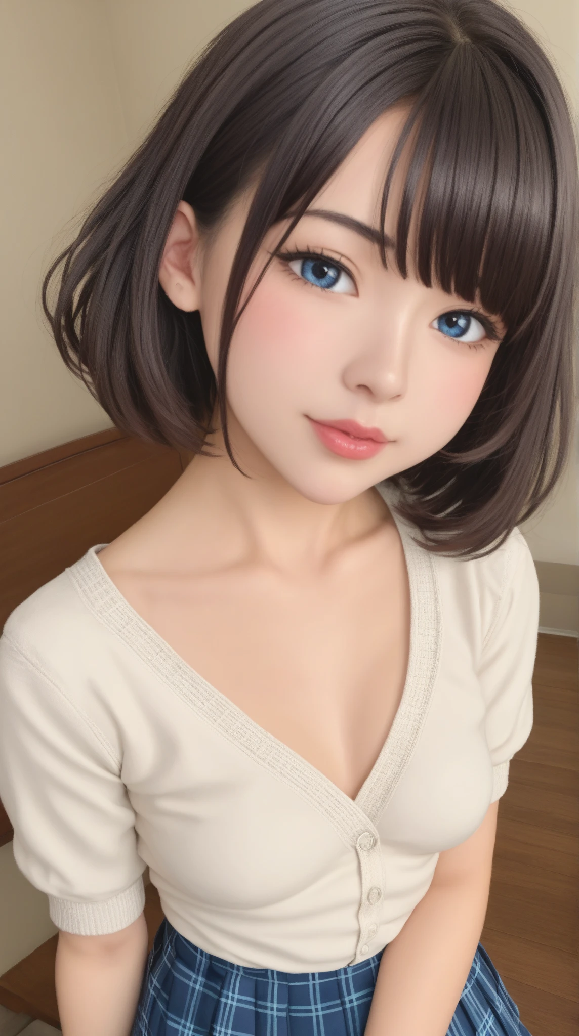 ((nsfw)),Masterpiece、highest quality、Detailed face、Detailed body、Accurate Face、Accurate Fingers、Accurate body、Medium breast、Slender body、Bob Hair、Brown Hair、Shot to the knee,strapless cropped shirt、denim pencil mini skirt、