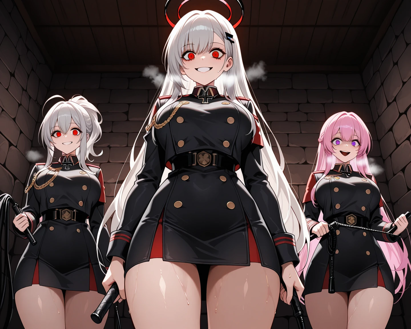 Anime, perfect face, white hair, red eyes, black clothes, sticking out his tongue, flirty young men