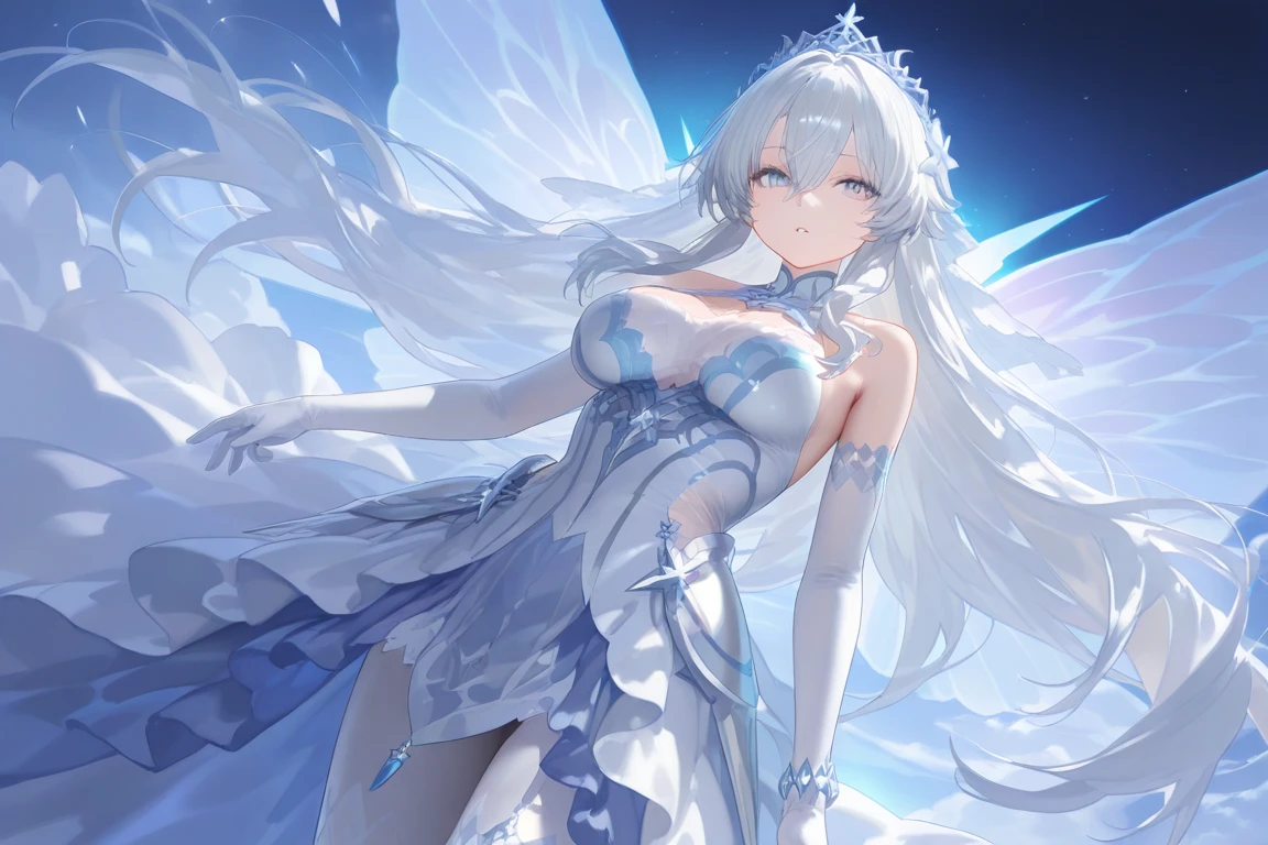silber hair，butterflys，long whitr hair，white wedding gown，8k wallpaper，detailedbackground，Highest high resolution，deep v big breasts，Hair covers one eye，Bandeau wedding dress，chies，White rose，tight-fitting，