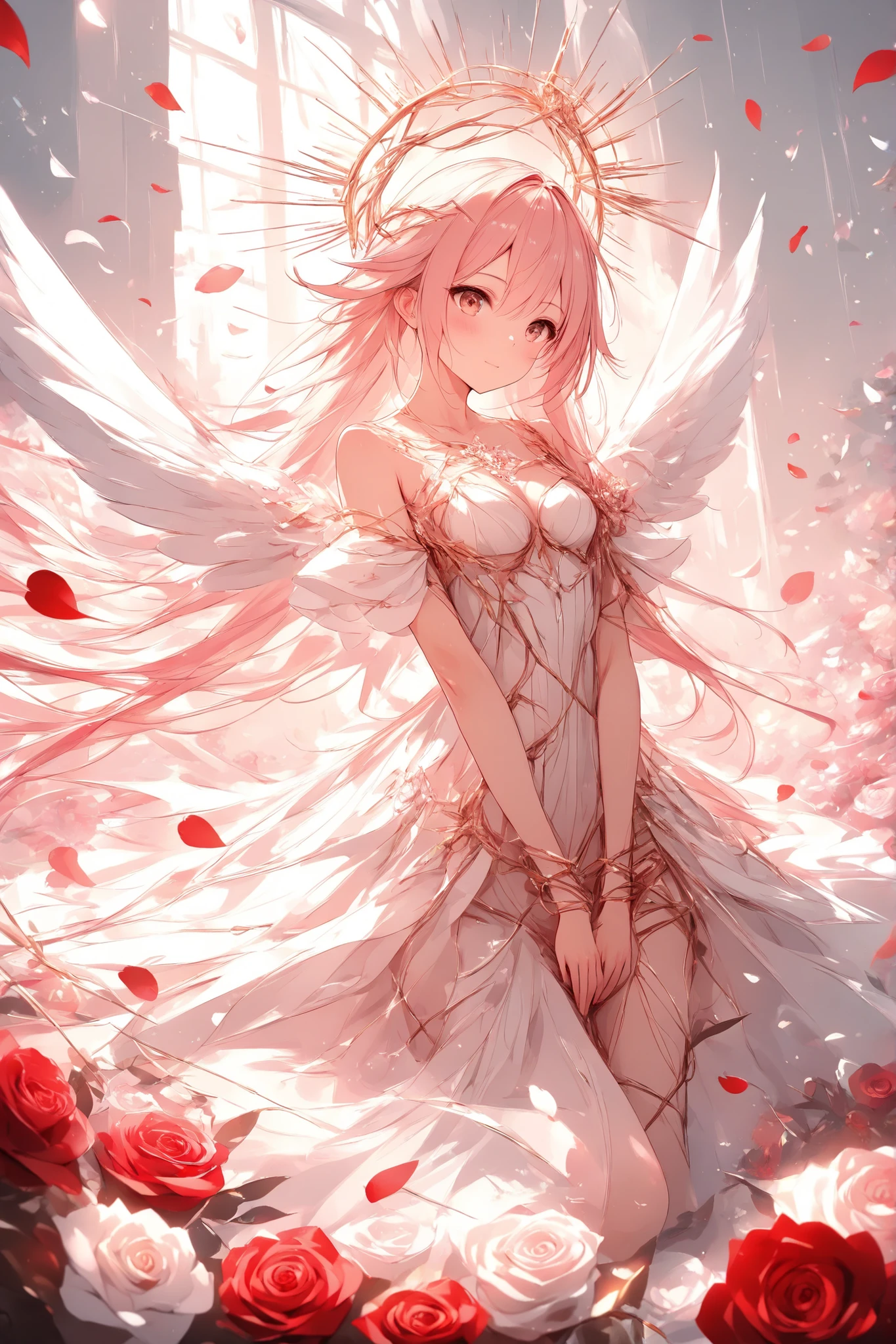 (masterpiece:1.2),Best Quality、A very breathtaking piece、( absurd:1.2),beautiful details、best image quality、((Three-dimensional works))、Light effects、Angel Princess Captured by Thorns、Roses and thorns、 red and white contrast、Sunburst、White feathers and rose petals dance、Fantastic works