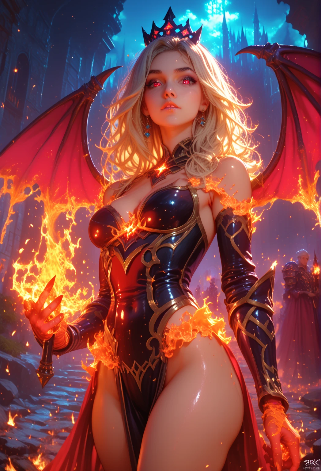 The scene is in a gloomy castle, big breasted female zombie red glowing eyes, energy balls in hands, depth of field, wearing dragon scale armor, a pair of wings, deep shadows, (gloomy: 1.4), (8k, RAW photo, best quality, Obra-prima: 1.2), humanoid