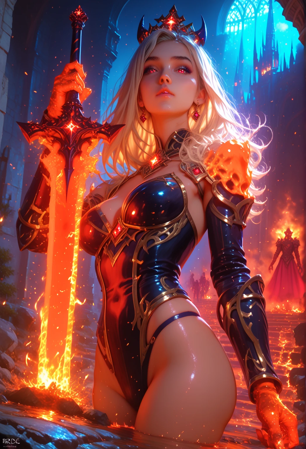 1 gorgeous European blonde woman, age 23, she is the powerful queen of the lava world, she sits on her metallic burning throne, circle of fire, heavy smoke, lightning, dramatic light