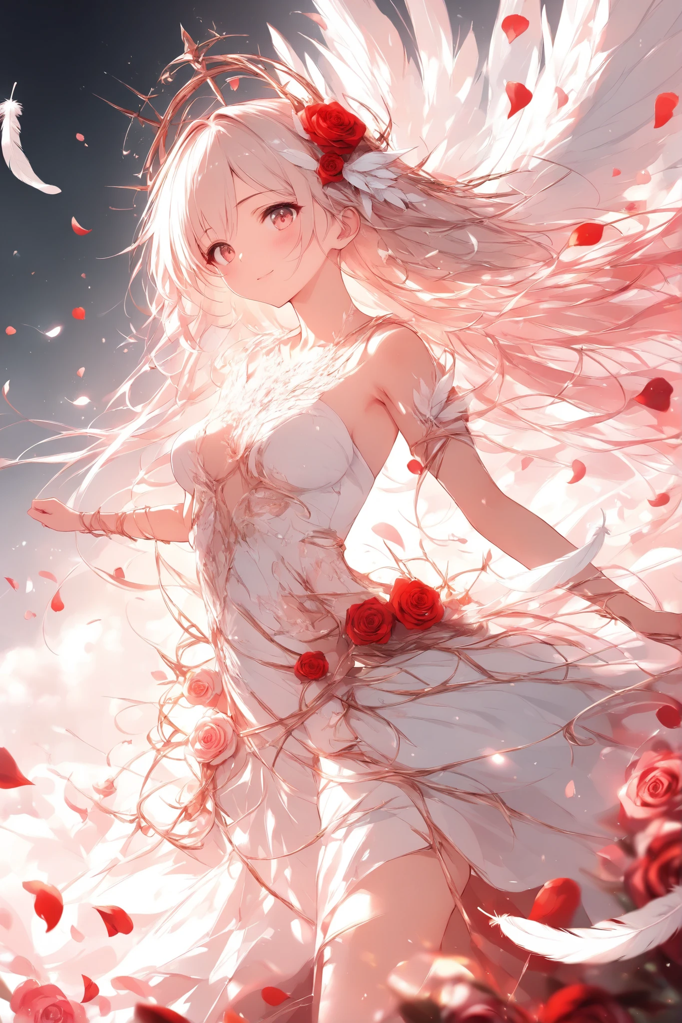 (masterpiece:1.2),Best Quality、A very breathtaking piece、( absurd:1.2),beautiful details、best image quality、((Three-dimensional works))、Light effects、Angel Princess Captured by Thorns、Roses and thorns、 red and white contrast、Sunburst、White feathers and rose petals dance、Fantastic works