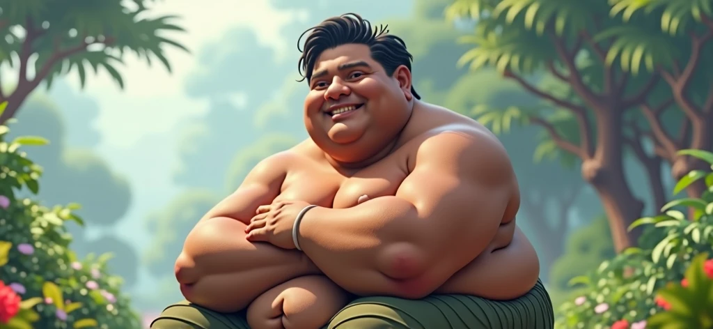 A beefy bearded Asian badboys man with a more bigger body size, big pregnancy belly, pumped chest, tribal art style tattoos, authoritative and protective expression, hugging from behind, worshiping and squeezing his chest, wearing a rapper outfit with pirate details, night neon seaport lights, low angle camera, add bandage around his body, holding a mic and singing, flexing muscles, fisheye camera