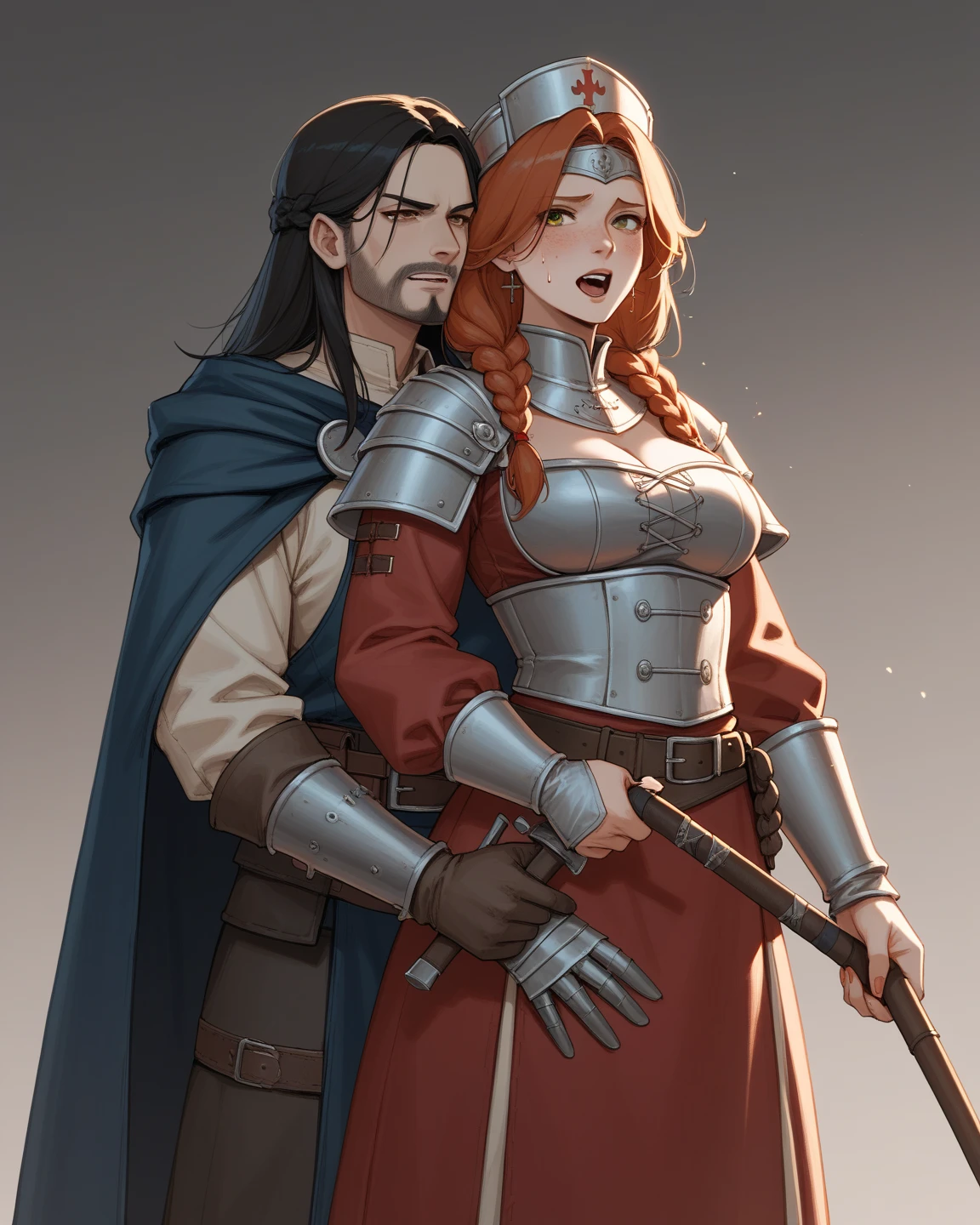 The Witcher, extremely detailed face, huge breasts, make-up, Triss merigold being embraced by Geralt of Rivia, illumination effect, covered , freckles, (master piece), extremely detailed, gloves