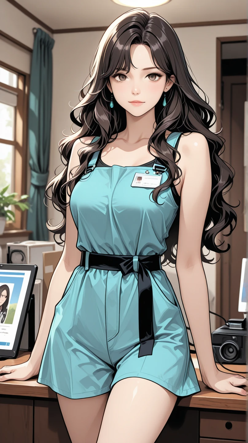 In manhwa style A South Korean half Chinese woman in her 28s. Her hair is long in a black - blue color. Her face is oval and marked by her large brown eyes, which carry a cold, unexpressive face. Her skin is radiant and clear, presenting an impeccable state of health and her curved lips. Her body athletic and defined, with the most charming. She stands in her office at night with her back to the glassware, wearing a blazer black with top and social pants