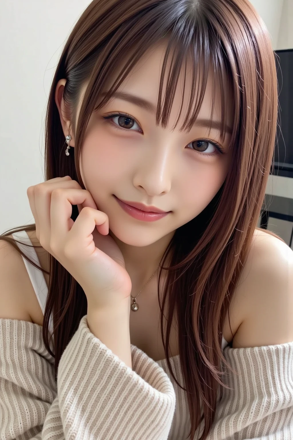(8K、RAW photo、highest quality、masterpiece:1.2)、(realistic、Photoreal:1.37)、Super detailed、 beautiful detailed girl, very detailed eyes and face, eyes are brown,beautifully detailed nose, beautiful and detailed eyes, cinematic lighting, perfect anatomy, rich and big breasts, ultra high resolution、1 girl、see the beholder、beautiful and detailed face、laughter、narrow、(slim waist) :1.3)、shirt、beautiful and smooth skin、skin texture、floating hair、professional lighting、knit sweater、ponytail hair、Nogizaka、beautiful black eyes:1.3、1 17-year-old schoolgirl
