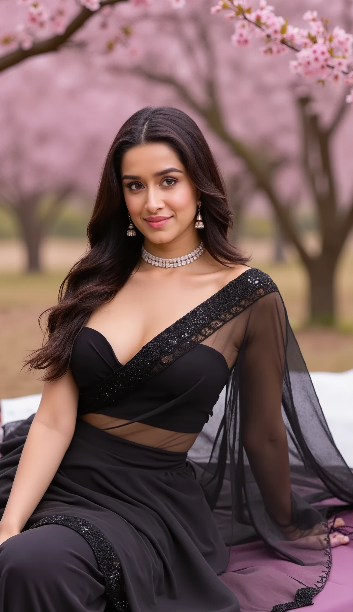 A young woman, hourglass figure, lying on a cot, sakura trees background, outdoors, wearing a black transparent saree, sensual, inviting, open arms, rolled over to the side, uncovered thighs, deep cleavage, queen style cut blouse, navel full visible, indian saree, transparent saree, navel, low waist saree, earrings, diamond necklace, kajal, UHD, intricate details, deep cleavage