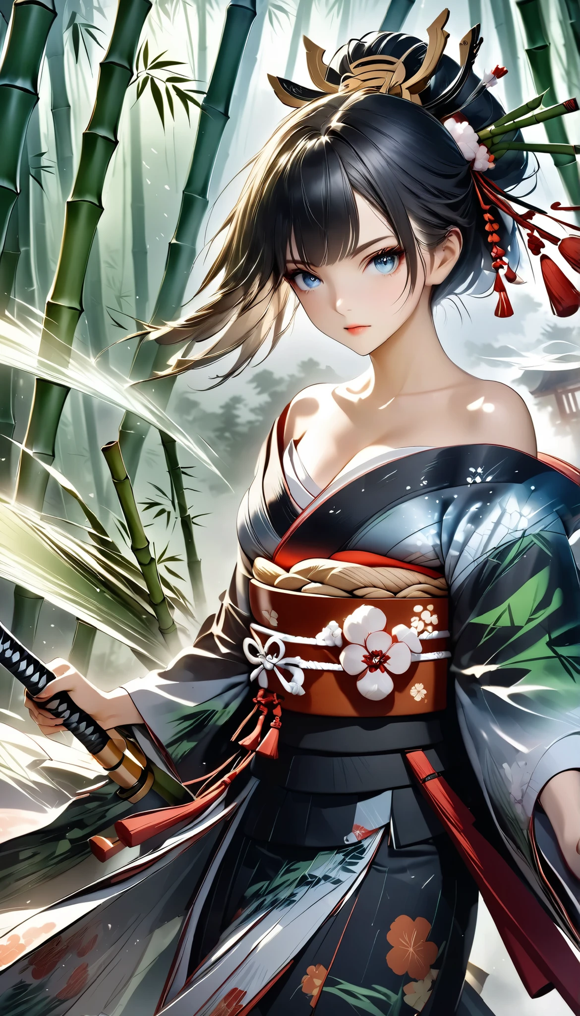 [Core Concepts]  The subjects were、 Cut a bamboo stalk placed in the center from the front with a Japanese sword。., 
[Character description]   Woman in an off-shoulder kimono Samurai  ,  holding a long Japanese sword , Sharp cutting edge, charm, fascinating, 
[environment/background]   bamboo forest shrouded in deep fog  , Strong light shines in,   fog diffuses light  , 
[ style and atmosphere ]  Transparent watercolor style CG  ,   incorporates elements of Japanese painting  ,   instantaneous performance  , 
[composition]   A bamboo stem grows in the center  .,   The subject is a Japanese sword at an angle Cut  ,   The moment the top of the cut bamboo falls diagonally  ,   gliding along a cut  ,   bamboo sliding in parallel  , 
[ detailed and decorated ]　  Clear eyes that stare at the viewer  , Strong and fragile,   The metal parts shine sharply  ., Polished steel, 
[Technical specifications]   expressing instantaneous speed  ,   dynamic kenjutsu  , Filmmaking, Dramatic Lighting Effects, 