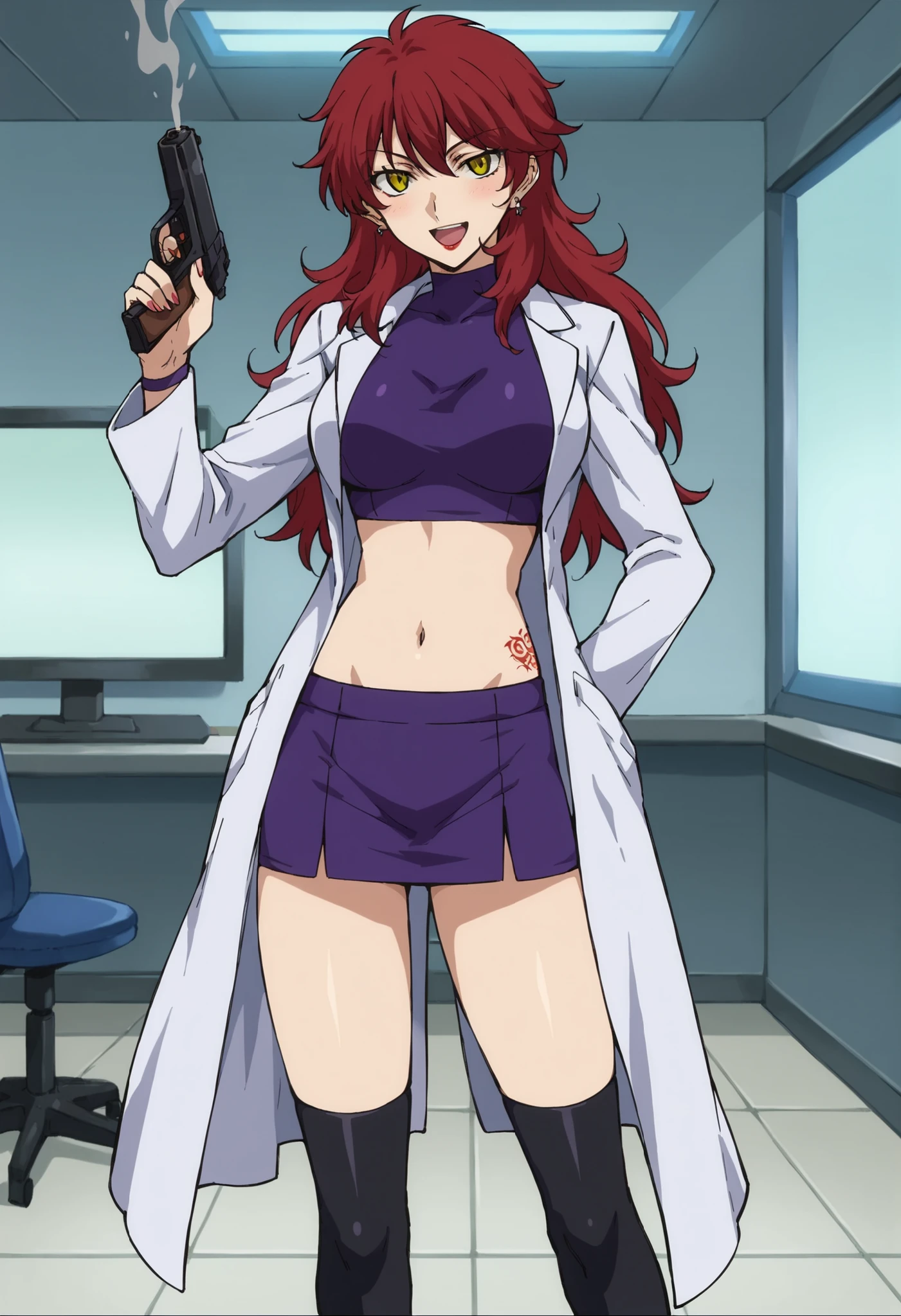 score_9,score_8_up,score_7_up,score_6_up,score_5_up,score_4_up,anime coloring BREAK source_anime,anime,nena,1girl,solo,yellow eyes,red hair,very long hair,labcoat,,skirt,black boots,high heel boots,smile,,indoors,lab,office looking_at_viewer, ear piercing, long hair, blush, lipstick,Hot girl, baddie, smoking, sensual, attractive ,masterpiece, best quality, highly detailed, evil smile, smile, open mouth, (nsfw) not safe for work, bellybutton showing, official artwork, exposed navel, exposed bellybutton, jewelry, earrings, , holding a gun, holding pistol, standing, dragon tattoo , narrowed eyes , tattoo midriff ,