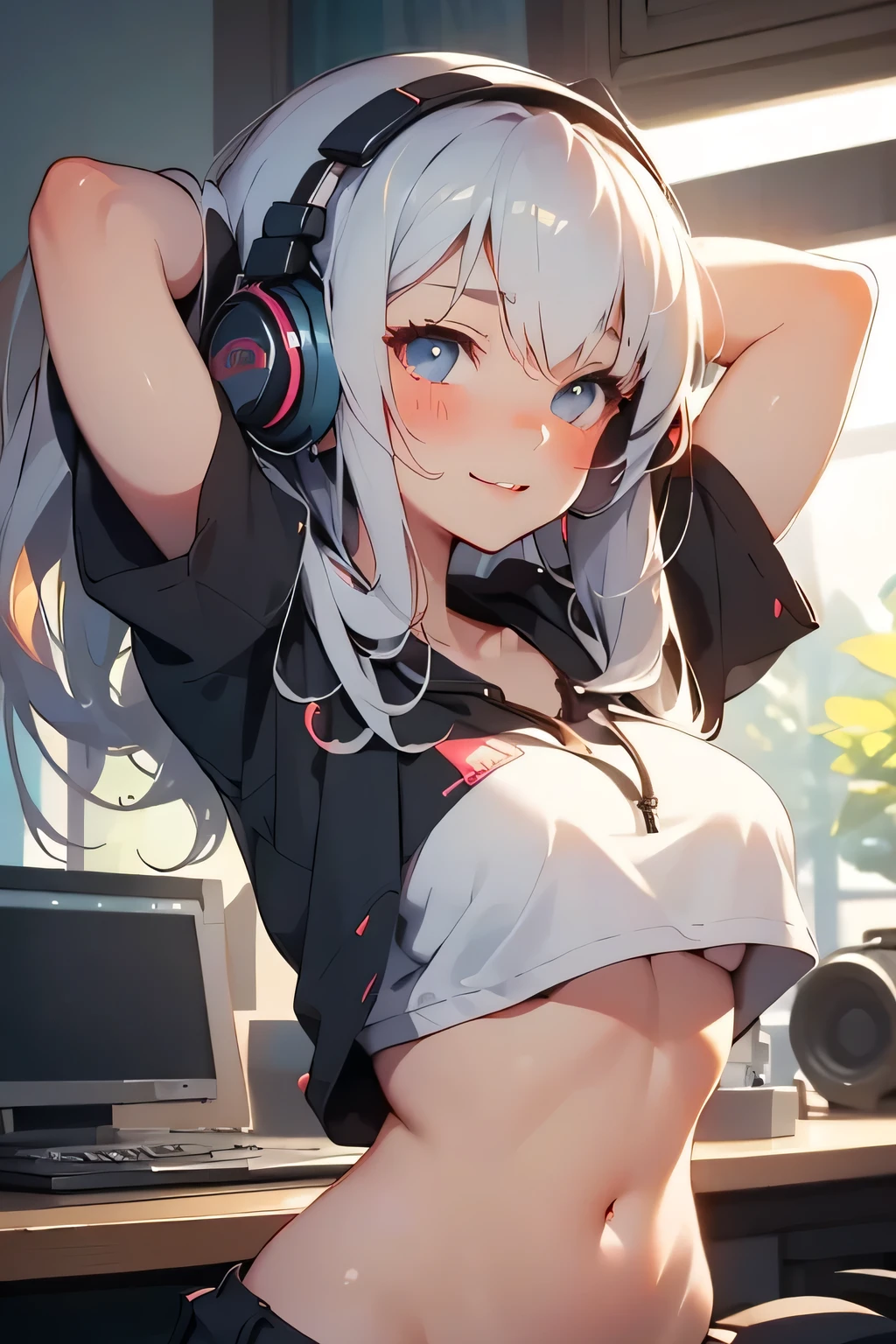 (Image from chest up:1.5)((masterpiece:1.5、8k、Portraiture、Photorealistic and very detailed CG、Very detailed、Particle Effects、Dynamic Effects、Written boundary depth、Cinematic Light、Lens flare、Ray Tracing、Tabletop、Realistic:1.4、超A high resolution:1.2、Realistic、Realistic))((alone、Wearing Headphones, Huge headphones:1.5、A woman wearing a large shirt、Open the front of the shirt、Beautiful cleavage、Shorts、The shorts are hidden by the jacket、Detailed face、brightexpression、young, bright, Whiter skin、large beautiful breasts、Best Looks、Ultimate beauty、Shiny silver hair with highlights、bright and shiny hair,、Modern Hairstyles、Hair dancing in the wind))(A dark private room in an internet cafe、PC Monitor、Sit on a chair)take your eyes away from here、Beautiful profile,

