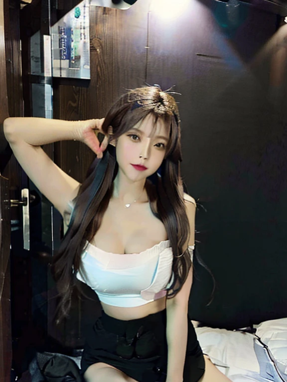 White Tight underboob t shirt, black tight short leggings, breast xxl, without bra and underwear, highly detailed, deep focused image, realistic full-lenght photo, looking back
