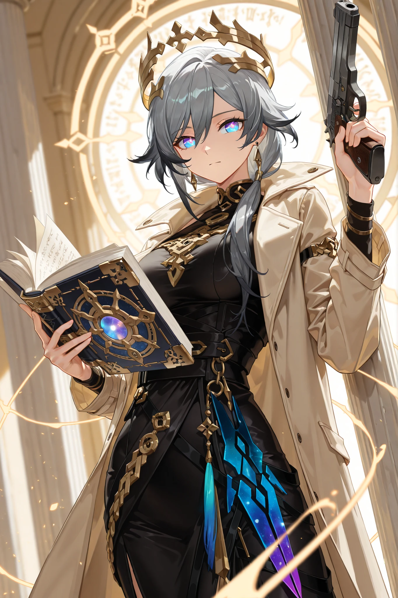 style of [arknights|(748cmstyle:0.88)], god rays, vivid colours, light stream, colour splotches, cinematic shot, mature, young adult, masterpiece, best quality, amazing quality, very aesthetic, high resolution, ultra-detailed, absurdres, (hands:-0.35),
(1girl, mature woman, female:0.95), solo, alone,(dynamic pose upper body focus, dutch angle, three quarter view, close up, cowboy shot:1.2),(FuHua, Fol004, Fh_Tai, fu hua:0.63), (gray hair:0.55), cosmic eyes, multicolor eyes, (infused eyes, reading a grimoire, leaning against a pillar:1.44),  ornate trenchcoat, techwear toga, roman crown, ornate dress, holding a Desert Eagle, Futuristic weapon, novuschroma79 style, glitch art photo
BREAK, depth of field, volumetric lighting
 
