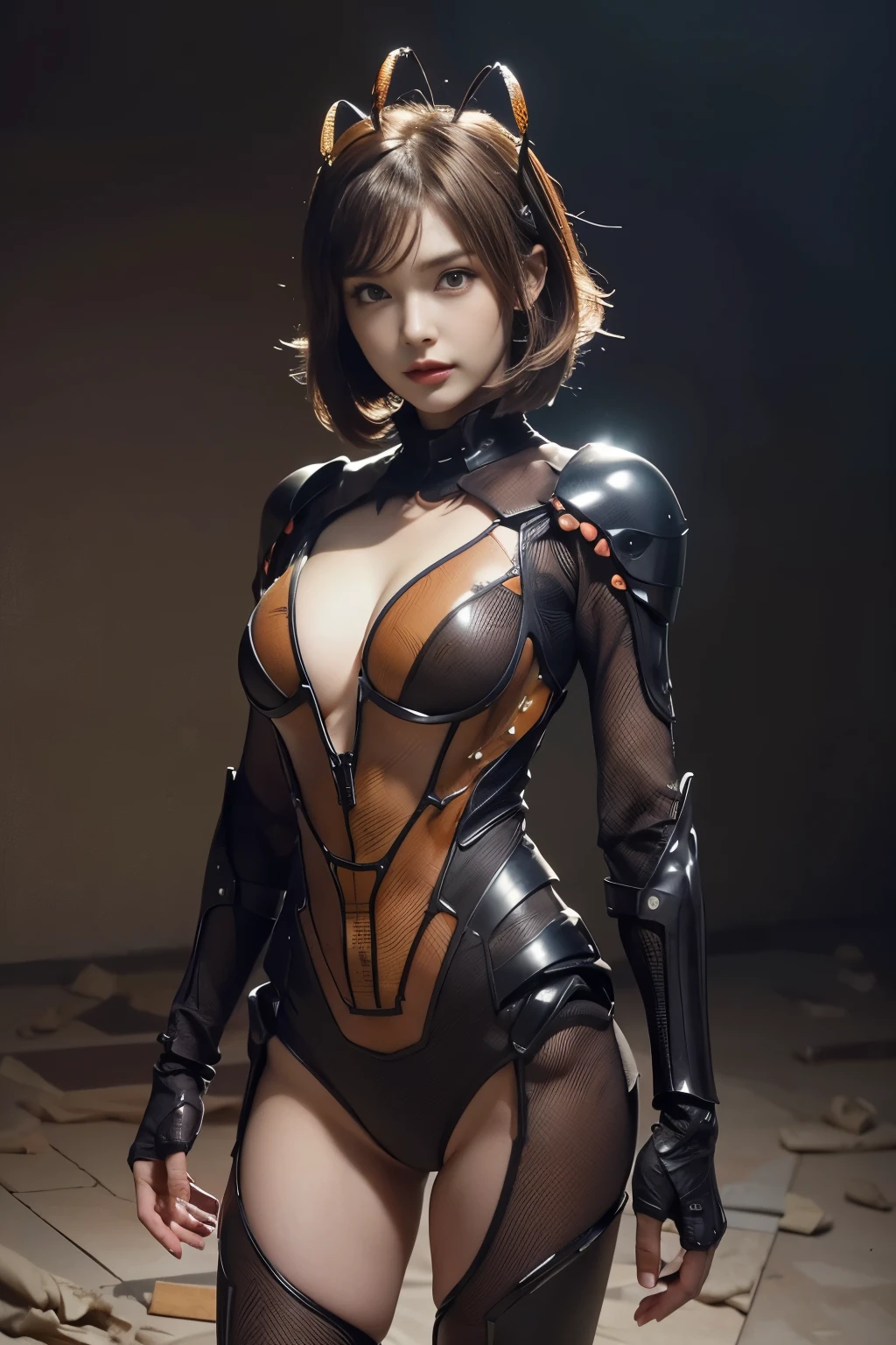 Highest quality, masterpiece, The finer details, Very delicate 8k wallpaper, (1 Beautiful Machine Girl), (Beautiful Eyes), Long eyelashes, Compensate, Short Hair, Pink Lips, Five mechanical finger joints, Mechanical Hand, Mechanical legs: 1.1), colorful, (Flying sparks), (Exoskeleton Leotard), garter belt, (Exposed lower chest, Exposed thighs: 1.2), (Neck and shoulders connected by power supply and many colorful cables:1.5), (Mechanical Harrow), Cyberpunk City, Sitting