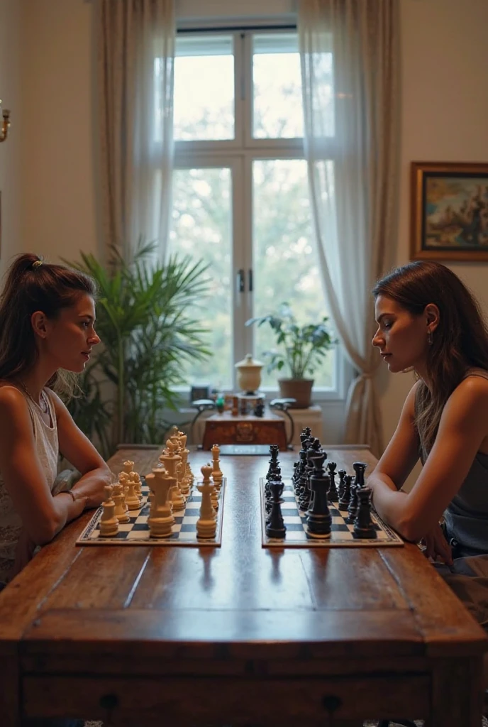 Two girls playing chess ,one blonde in a white dress, second brunette in a black dress, I'm sitting at the table and looking at the chessboard, thoughtful faces , slender legs ,Details of pieces on a chessboard, detailed face quality 