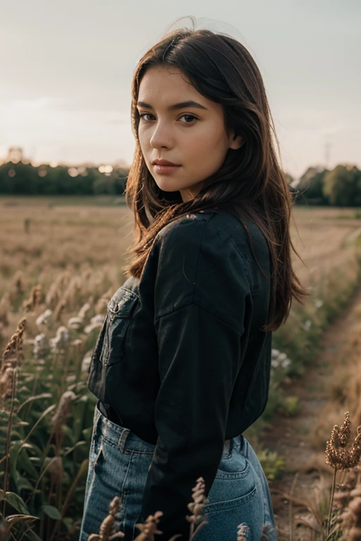 20yo american woman in a wheat field Small eyes. Brown eyes.
Wearing ripped Denim jacket no makeup. Clear skin. realistic skin style Long dark black slick back hair. No makeup. Dusk, Street light. Looking at camera POV. Slight smile, tilting head.. Tilt head. Hands in head, face, lips.
Medium Close Up shot. Bokeh. Bokeh lights. Sunset. yellow, purple sky.