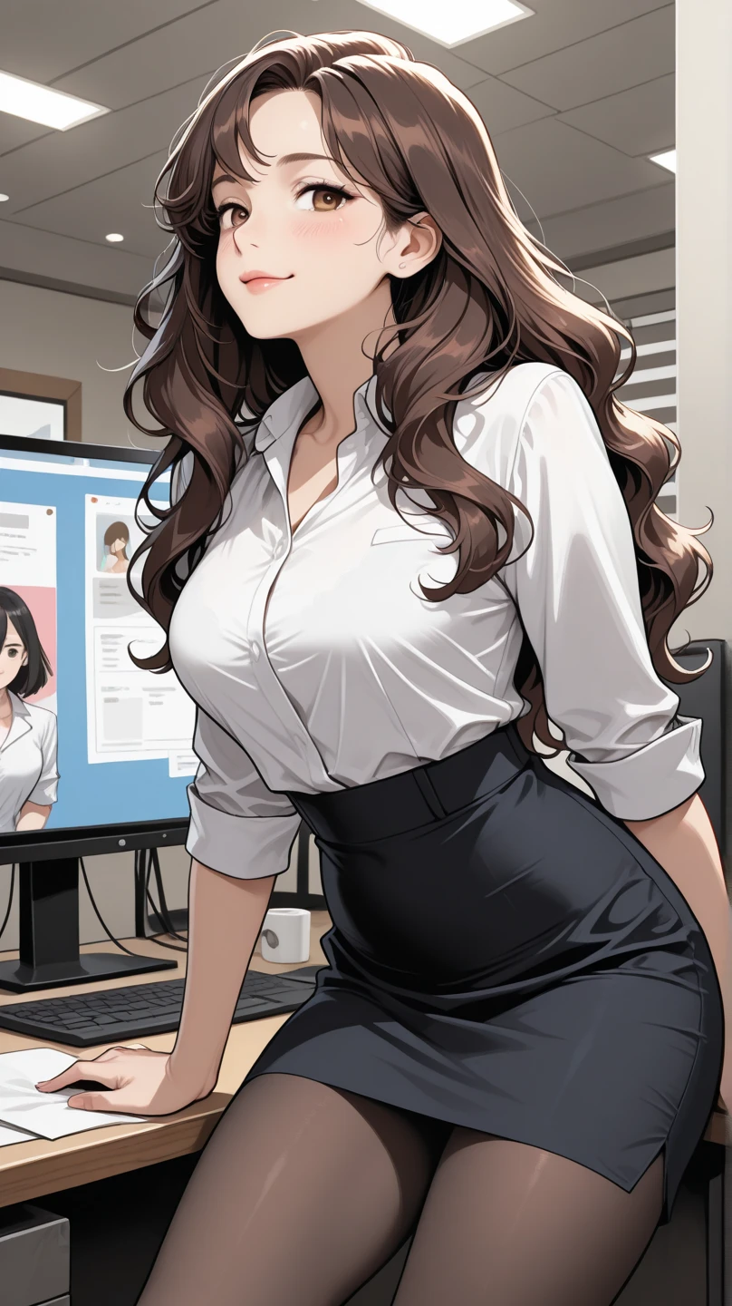 1lady sitting, (touching edge of glasses with fingertips), secretary, (office casual) sleeveless, stylish outfit, (pencil skirt), (id card) lanyard, (mature female:0.8), /(dark brown hair/) bangs, kind smile, (round glasses:1.1) eyewear, (masterpiece best quality:1.2) delicate illustration ultra-detailed, large breasts, (holding clipboard) BREAK (executive office) indoors, office, detailed background