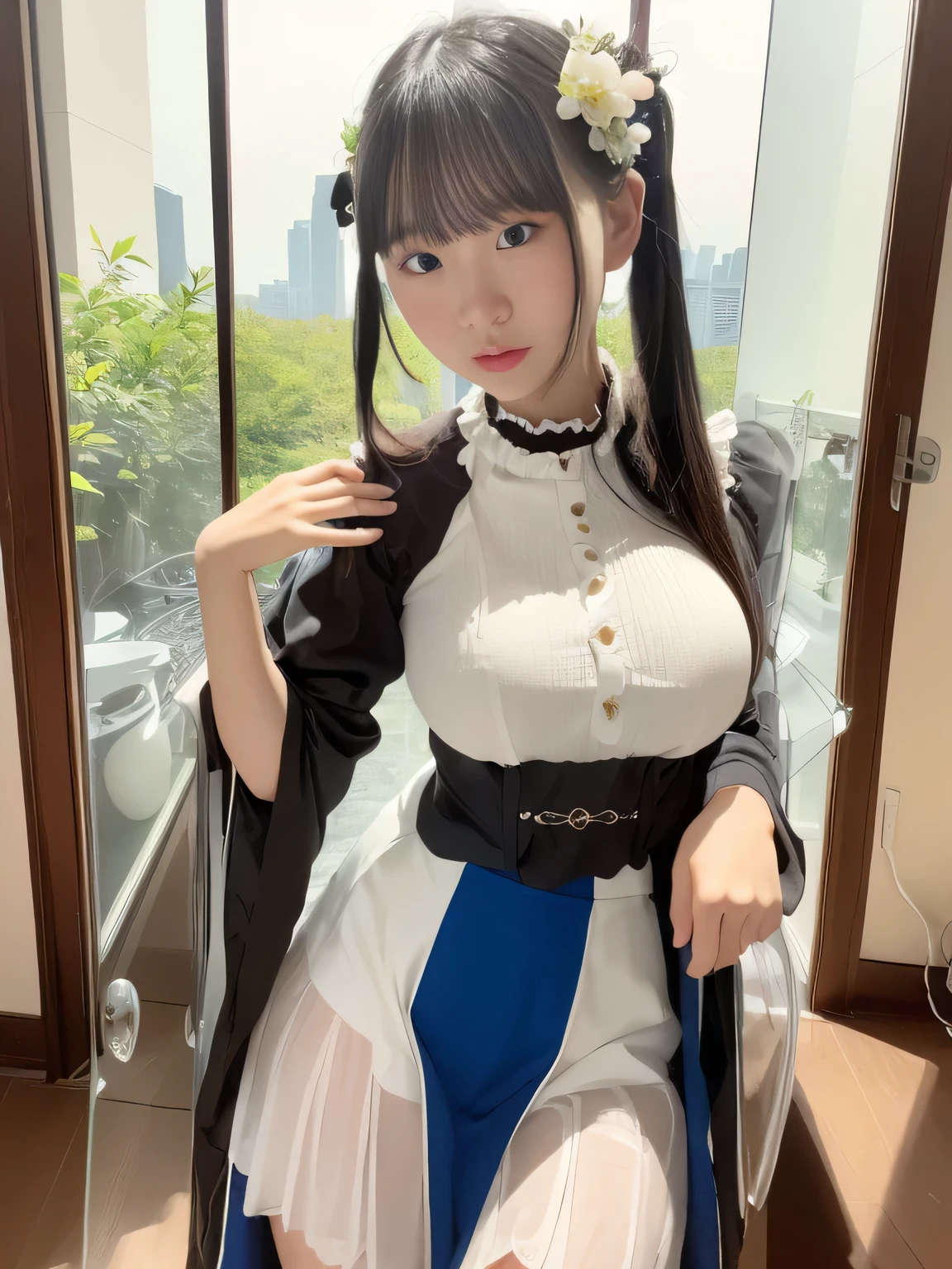 (((部屋にはソファーandテーブルがあり、There is also a window , clear glass stuck on面, 鏡andガラス面, Glass Floor, clear glass wall, glass openings , was placed in the large living room, clear glass , nesting glass door, glass wall, clear glass stuck on, Aerial View, placed in the living room, Glass Room, living room with split levels)))、(((best image quality、highest resolution、greatest masterpiece、8k)))、(((Detailed Faces)))(((cute face)))(((Baby Face)))(((Young contour)))((( Lovely facial features)))、((( Blizzard 10 )))(((model body type)))((( Perfect pose line)))、(((Big Breasts 1.0)))((( Detailed Body .5)))、(((long straight hair)))、(((ブルーサファイアand黒のカラフルなブラウス2.0)))and(((ラピスラズリand黒の frillミニスカートを着た2.0)))、 frilly outfit, frill, dreamy style, Dark Gray , Casual wear style, beautiful, Cute Style, beautiful, transparent gray skirt , Elegant clothes, fashion clothing , beautiful画像, frilled blooming collar, fashionable clothes, Costume photo, fashion outfit , Glamorous tops, LOOKBOOK